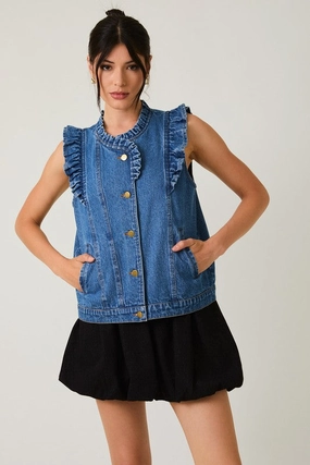Relaxed Crew Neck Opening ZeroWaste Construction Ruffle Detail Denim Vest
