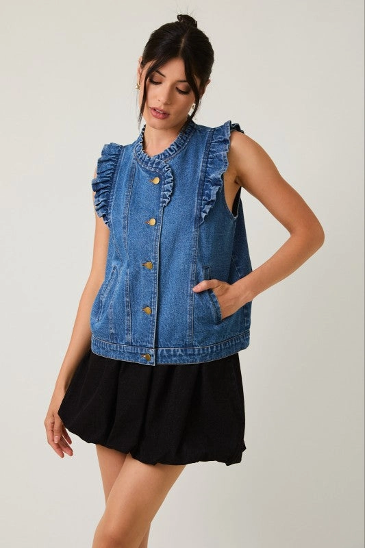 DoubleStitched Construction DualLayer Weave Ruffle Detail Denim Vest