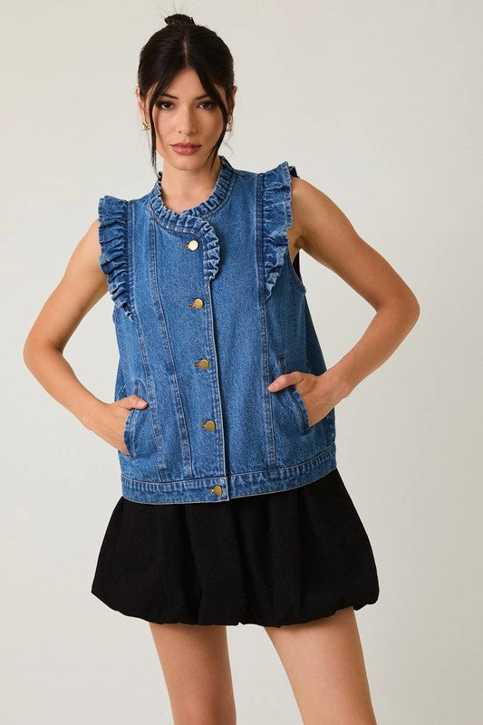 Ruffle Detail Denim Vest Compression Fit Technology