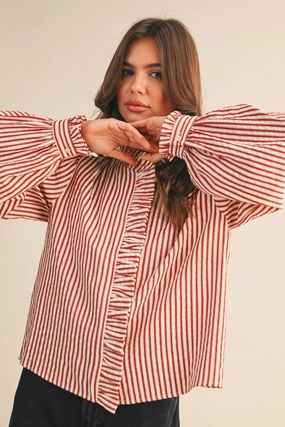 Ruffle Trim Striped Button Down Top - Red Breathable Design
