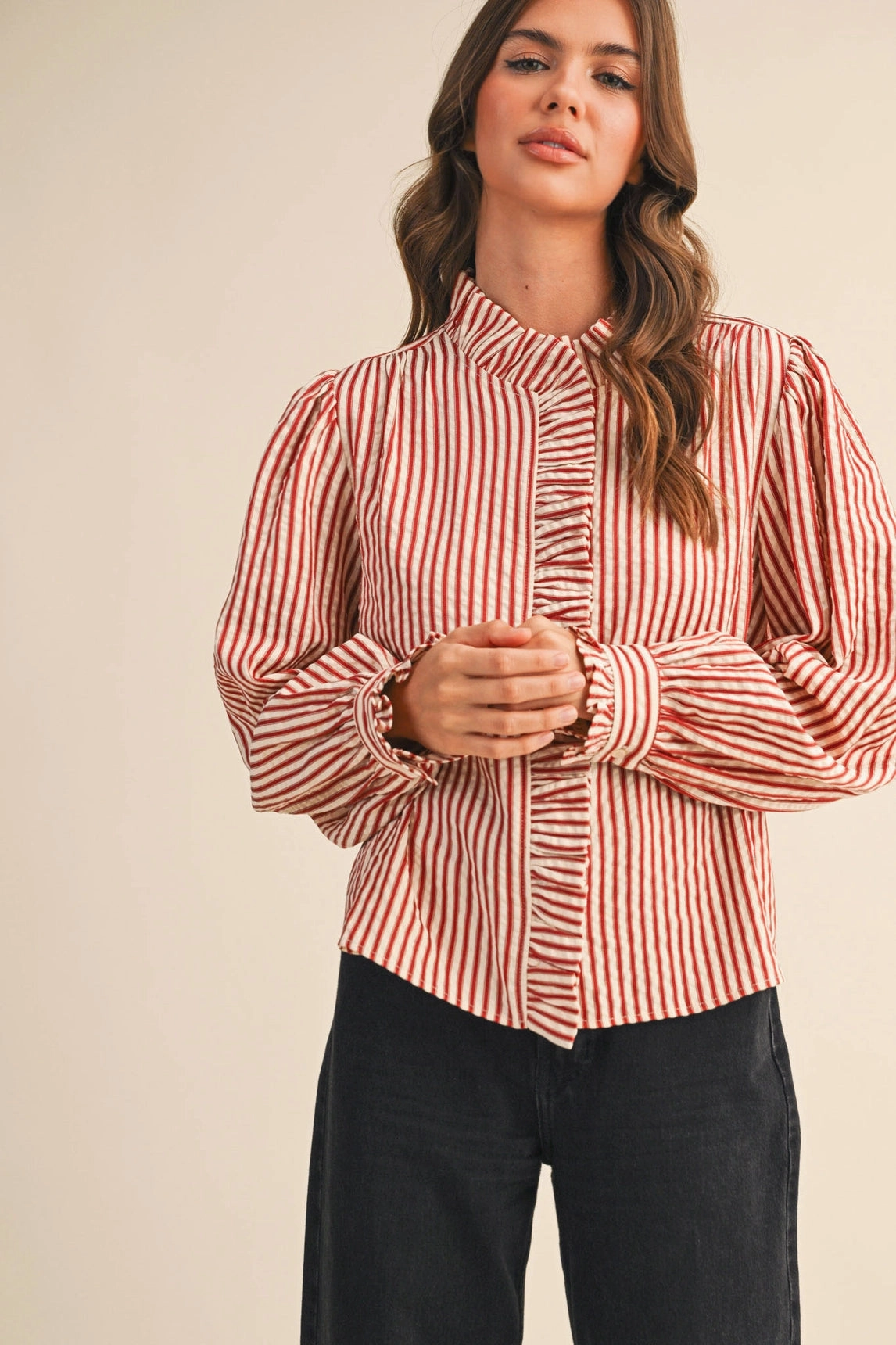Ruffle Trim Striped Button Down Top - Red Easycare