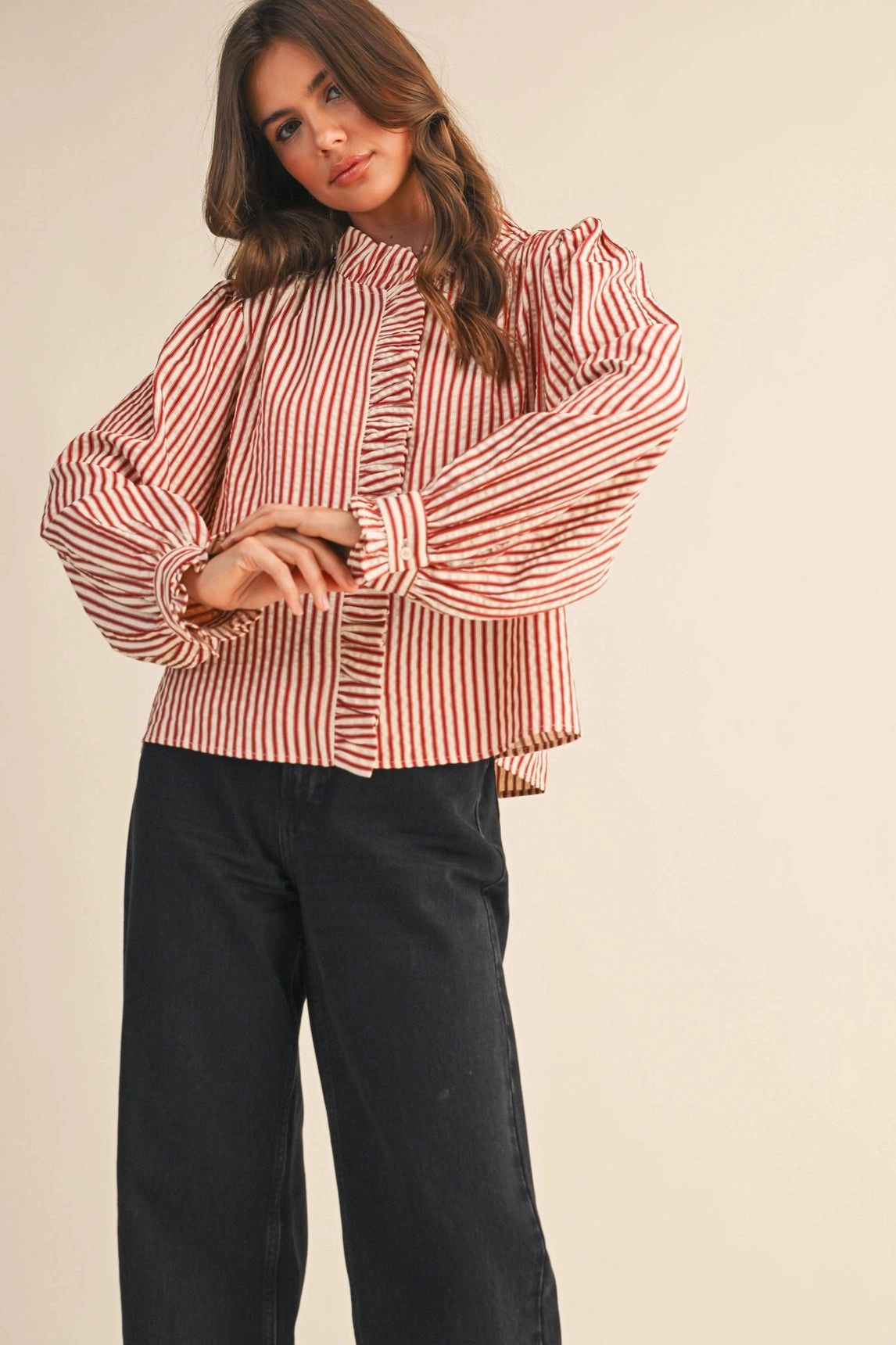 Wrinkle Resistant Ruffle Trim Striped Button Down Top - Red