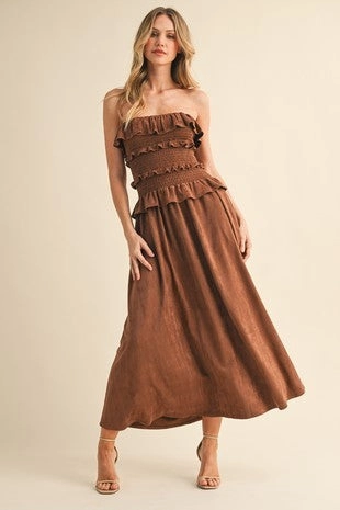 Ruffled Suede Midi Dress Flexible Shoulder Gusset