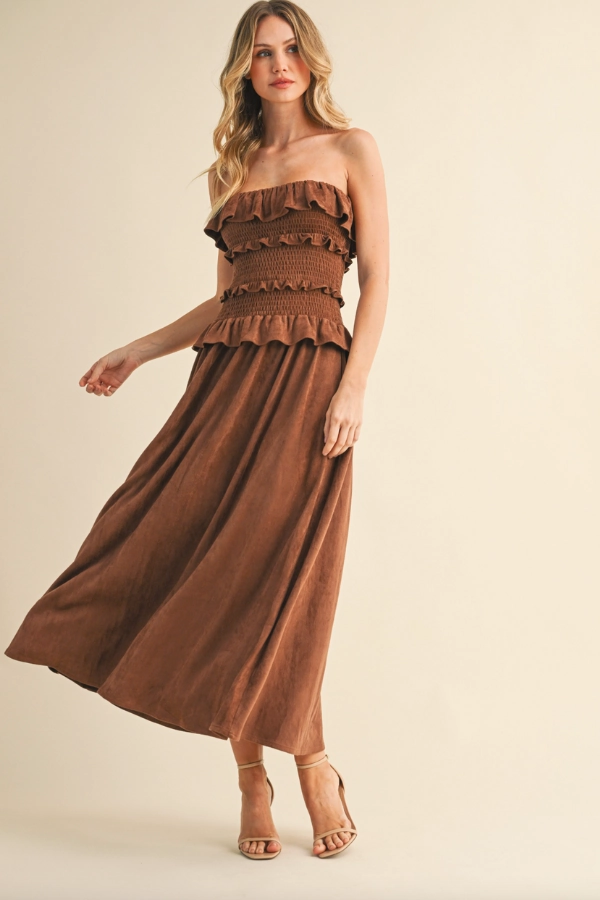 Ruffled Suede Midi Dress Casual Wear SmoothEdgeFinish