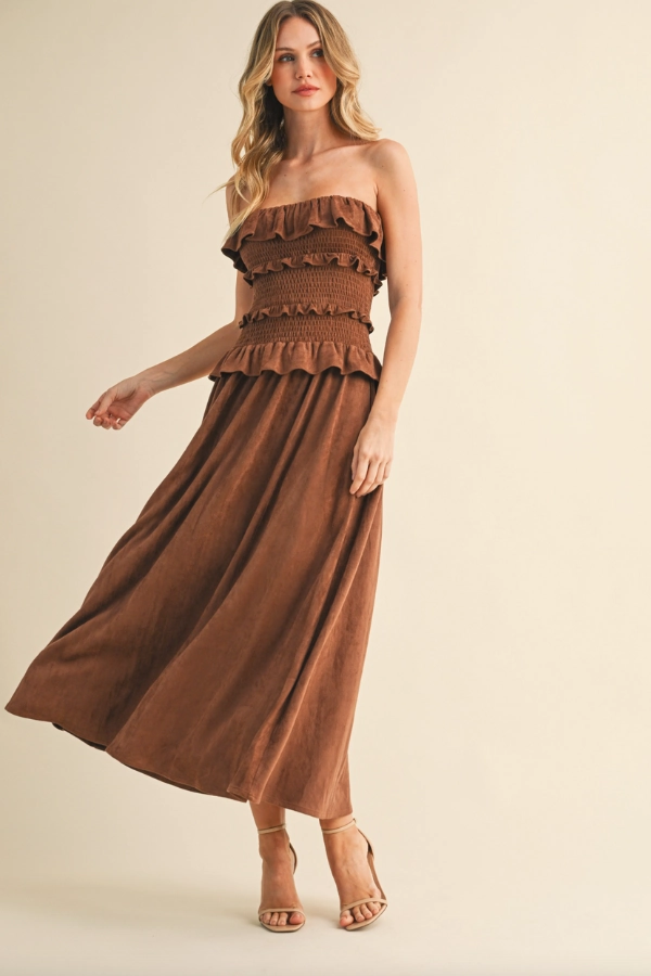 Ruffled Suede Midi Dress Satin Touch Zip Ease