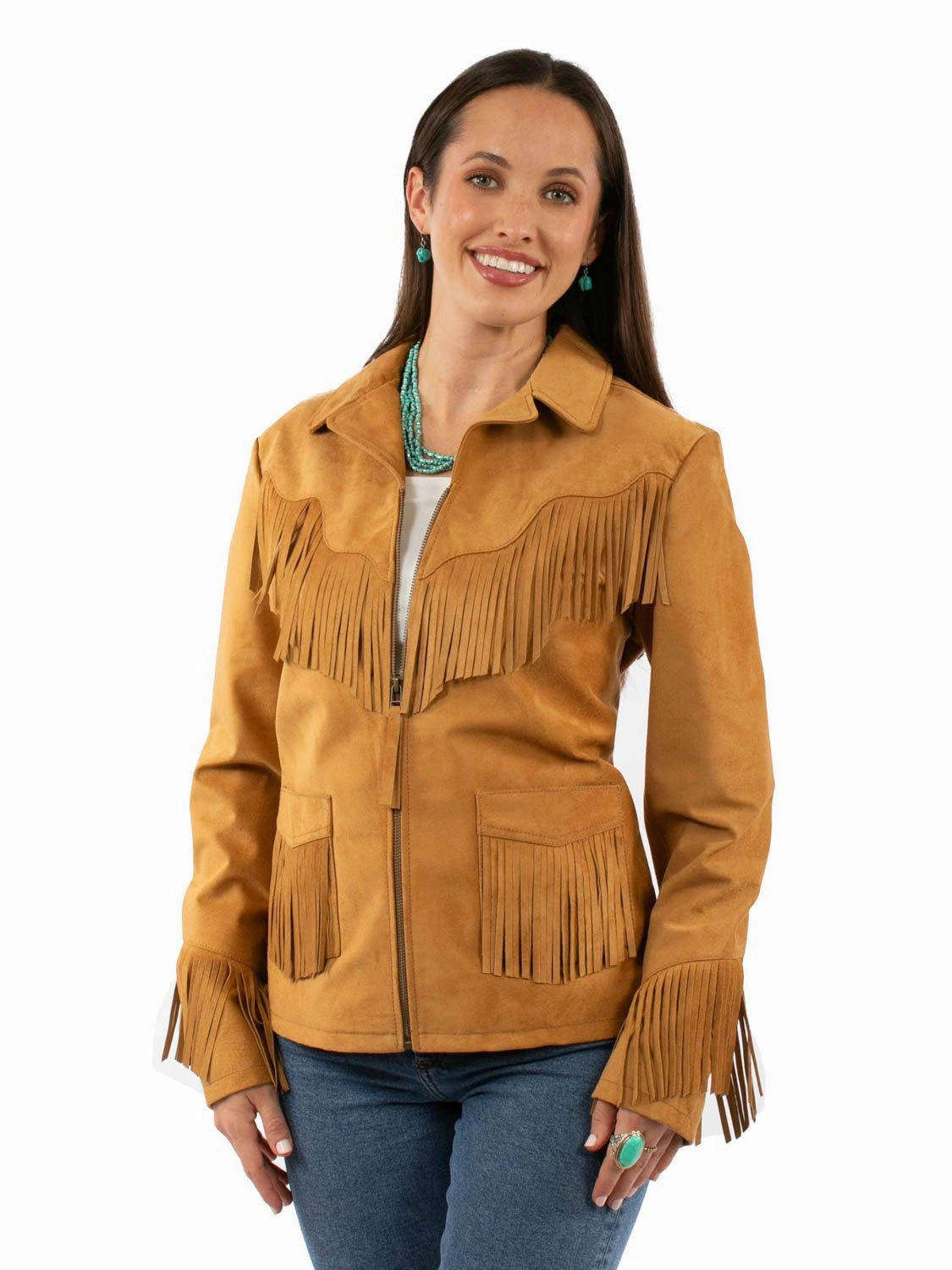 Seamless Design Reinforced Elbows Scully Womens Central Flower Fringe Tan Leather Leather Jacket