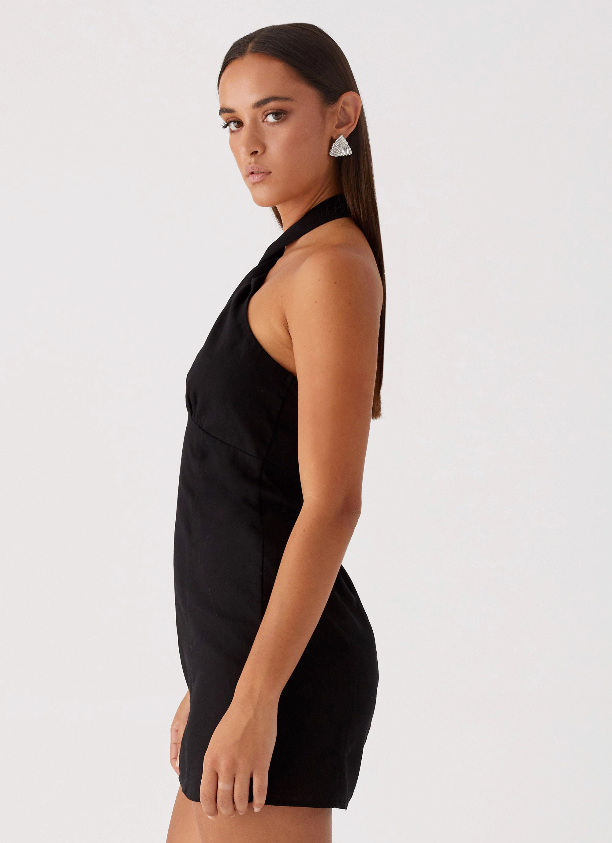 Sabine Linen Mini Dress - Black Contemporary Wear Silky Shape