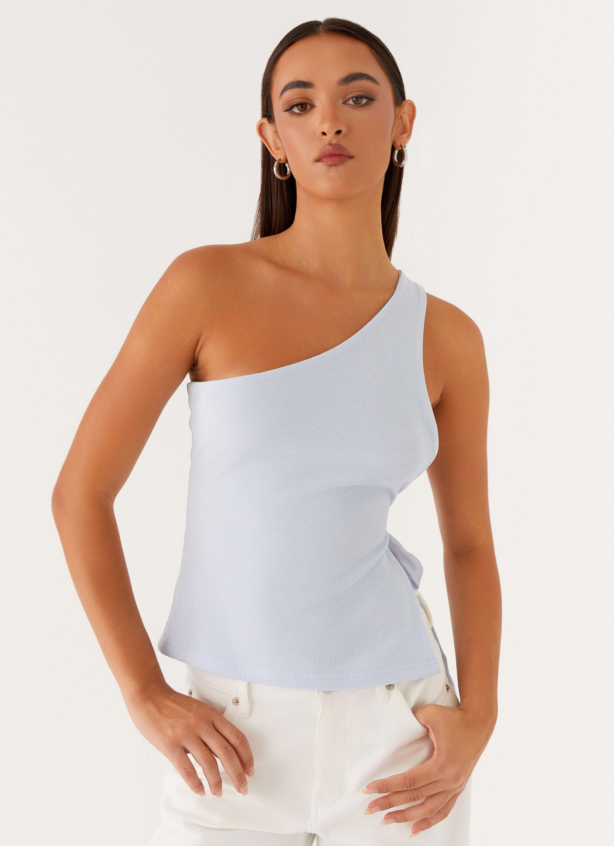 Safiya One Shoulder Top - Blue Double Layered Hem Reinforcement