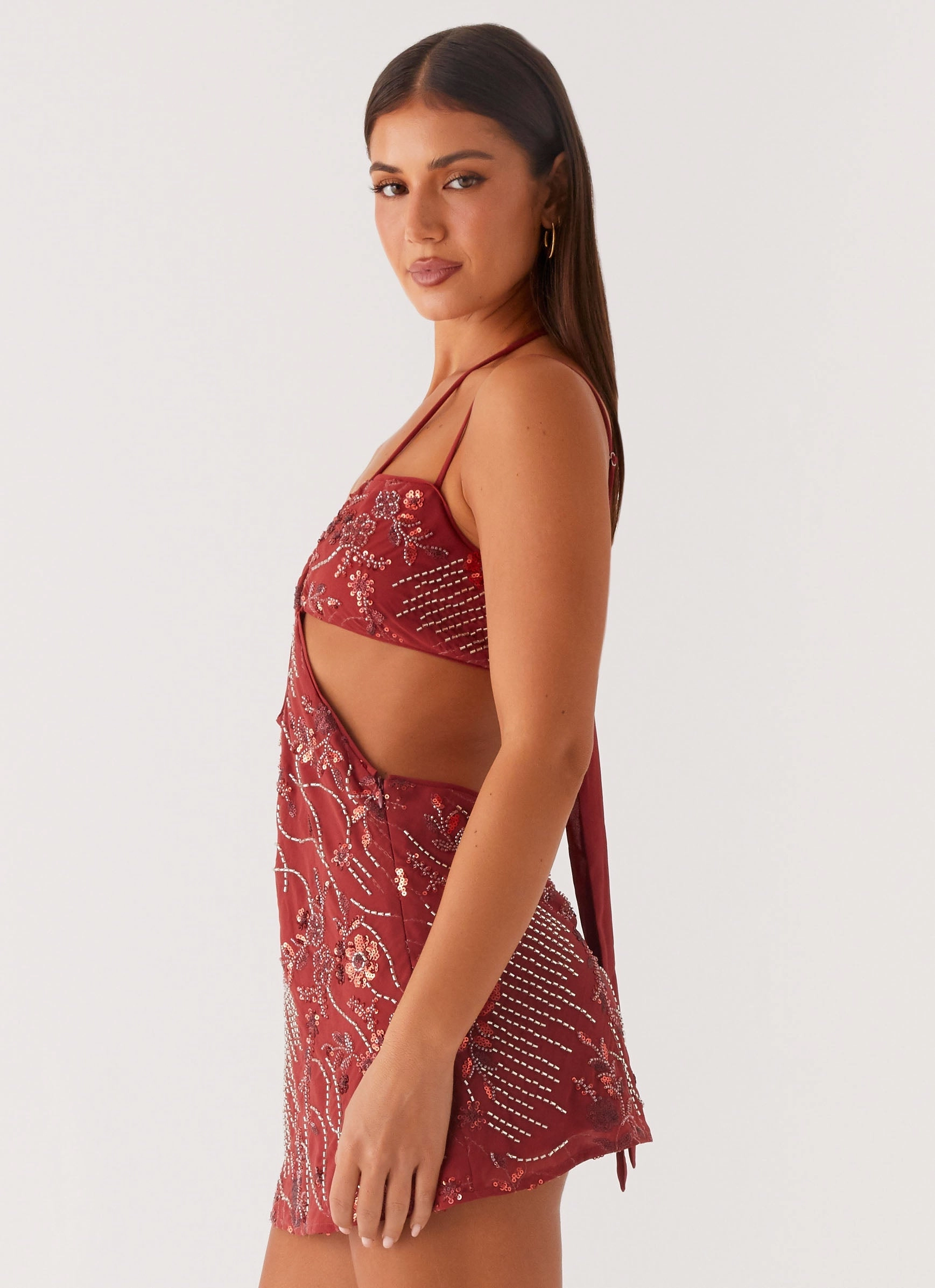 Matte Fabric Easy-Storage Sahara Nights Beaded Mini Dress - Rust