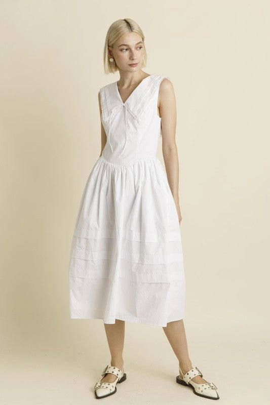Sailor Collar Midi Dress - White Waist Seam Elegant Outline