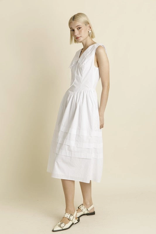 YarnBlend Drop Shoulder Silhouette Sailor Collar Midi Dress - White
