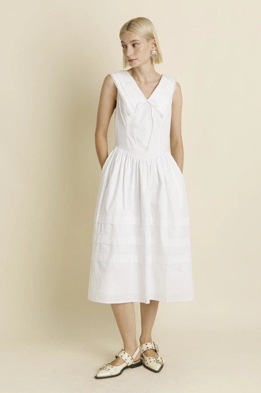Sailor Collar Midi Dress - White Fashionable Cut Sleek Presence