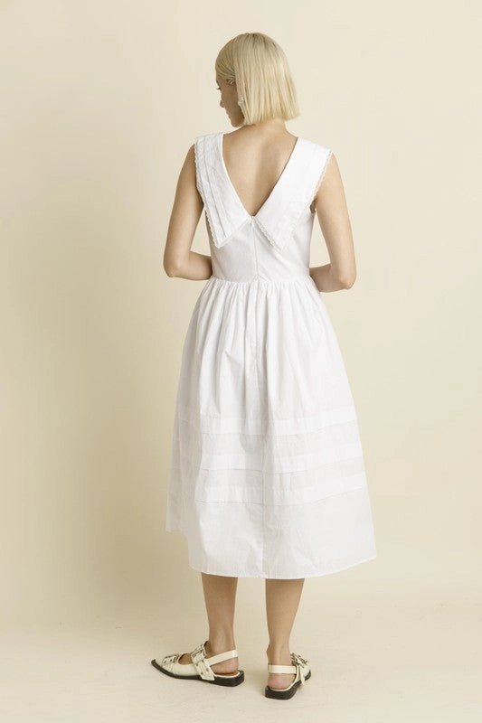 Playful Twist Sailor Collar Midi Dress - White