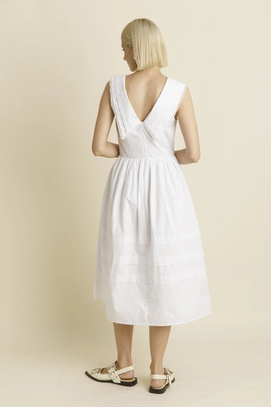 relaxed elegance Sailor Collar Midi Dress - White