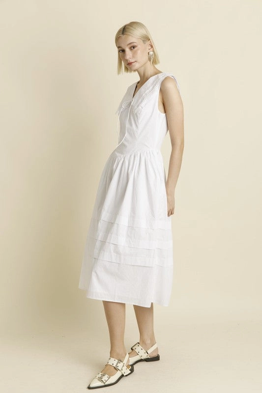 Lace Ease Sailor Collar Midi Dress - White