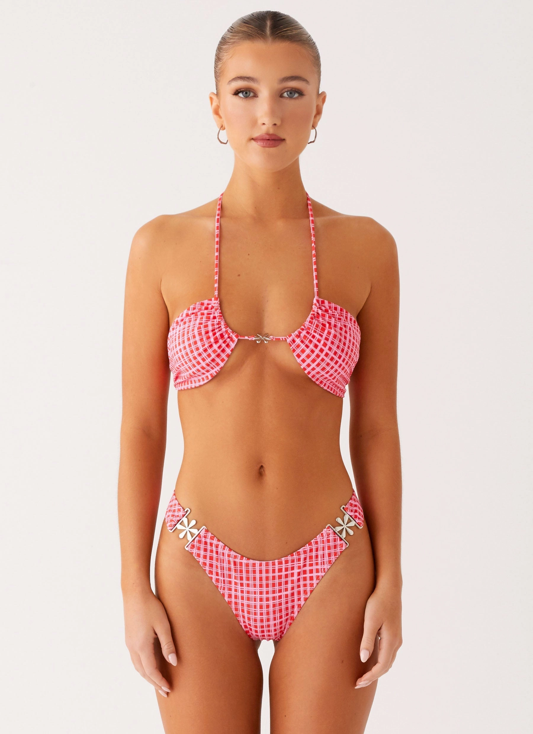 Saint Lucia Bikini Bottoms - Pink Check Multi Strap Back Design