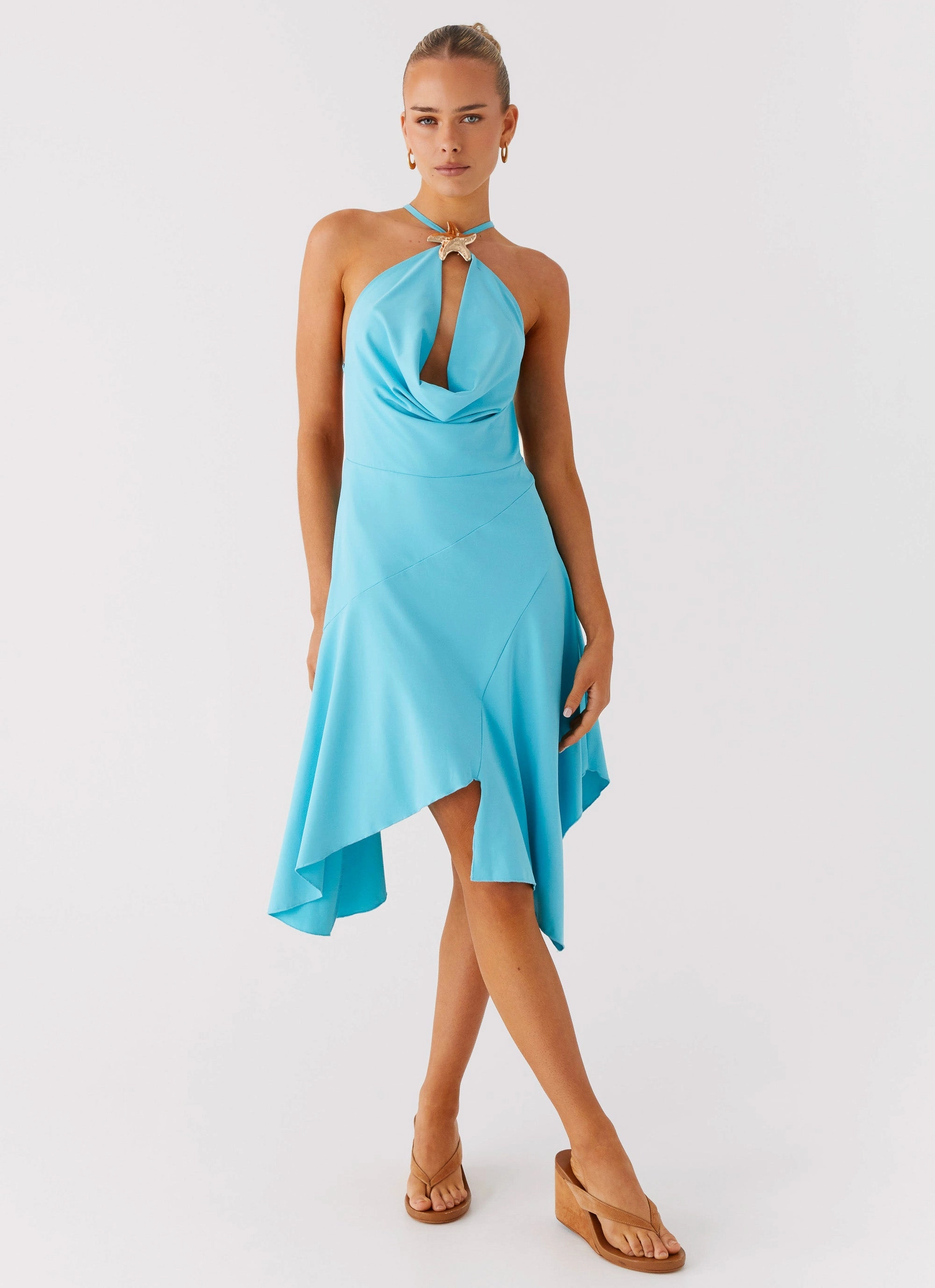 Street Style Polished and Elegant Salt Kiss Midi Dress - Turquoise