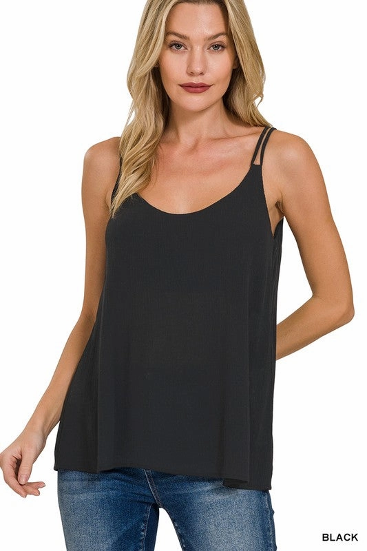 WENDY WOVEN CRINKLE DOUBLE SPAGHETTI STRAP V-NECK CAMI Ribbed Texture Finish