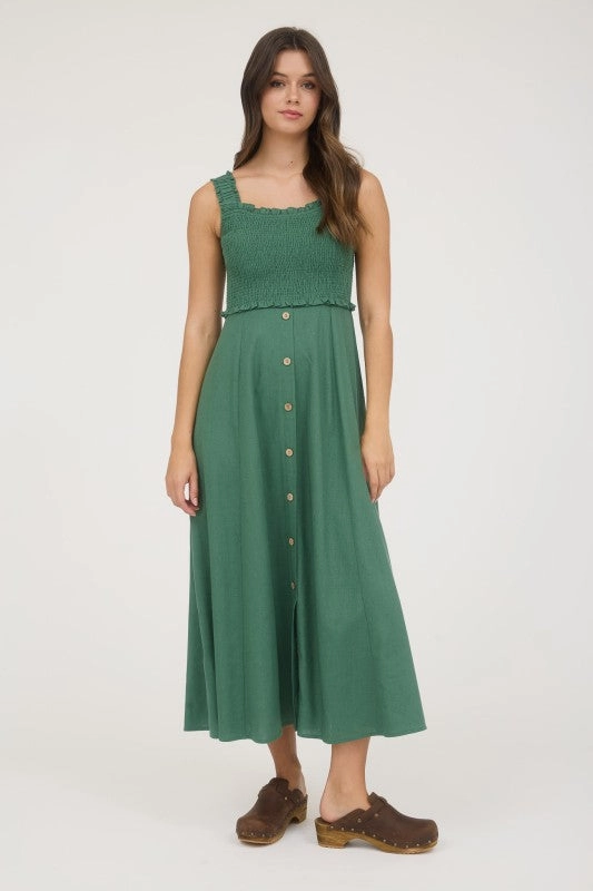 Samantha Smocked Sleeveless Button Down Midi Dress Fresh Glow and Effortless fit dress.