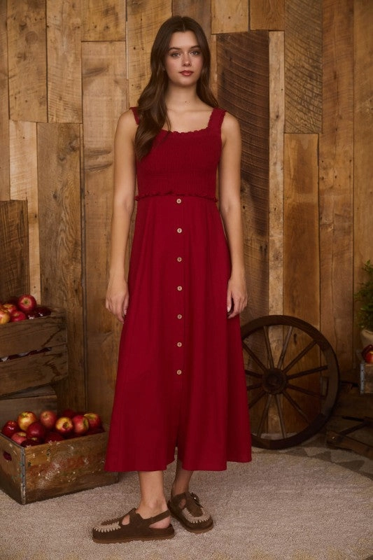 Samantha Smocked Sleeveless Button Down Midi Dress garden wedding
