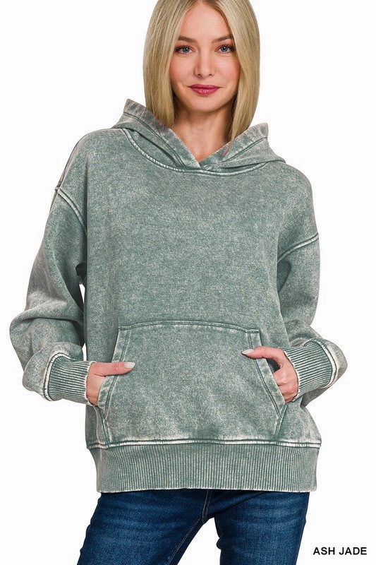 AntiPilling Finish RibbedNeckline Sandra Fleece Acid Wash Kangaroo Pocket Hoodie