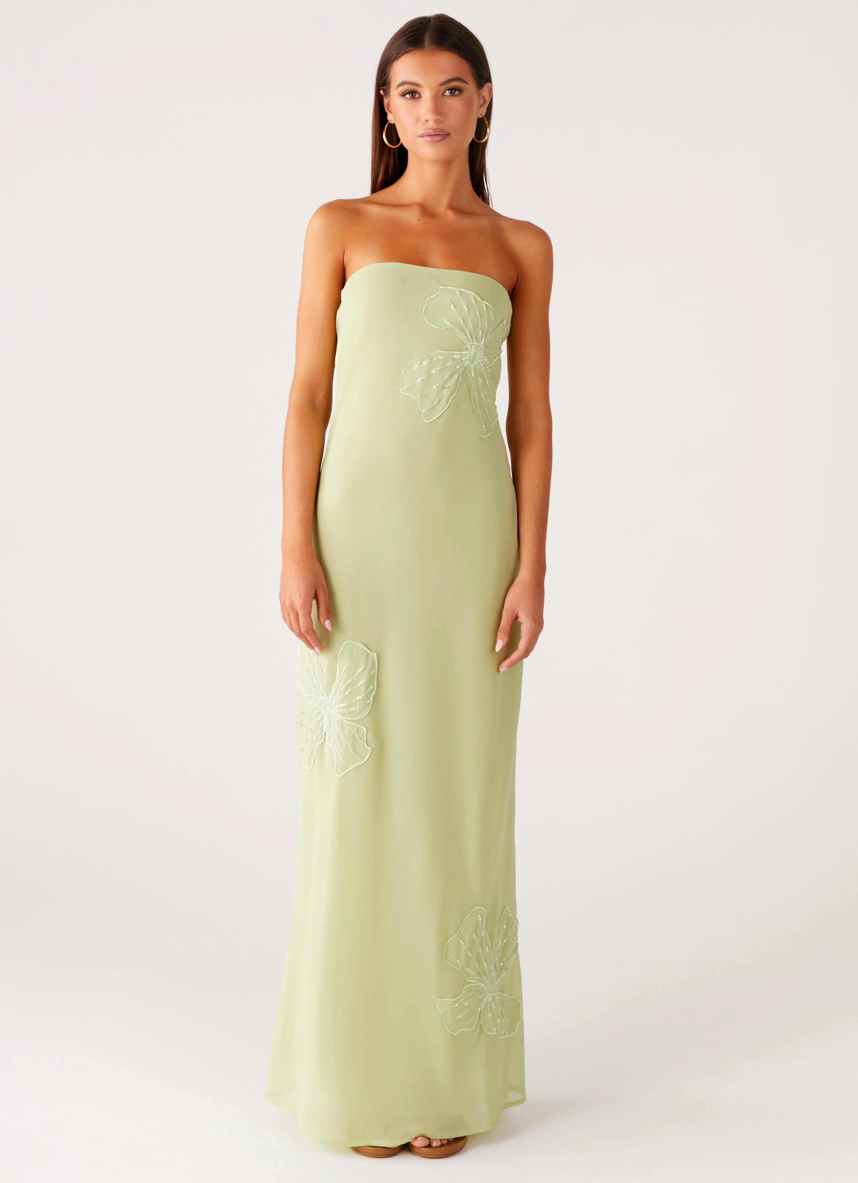 Sassafras Beaded Flower Strapless Maxi Dress - Lime Night Out Sheer Overlay