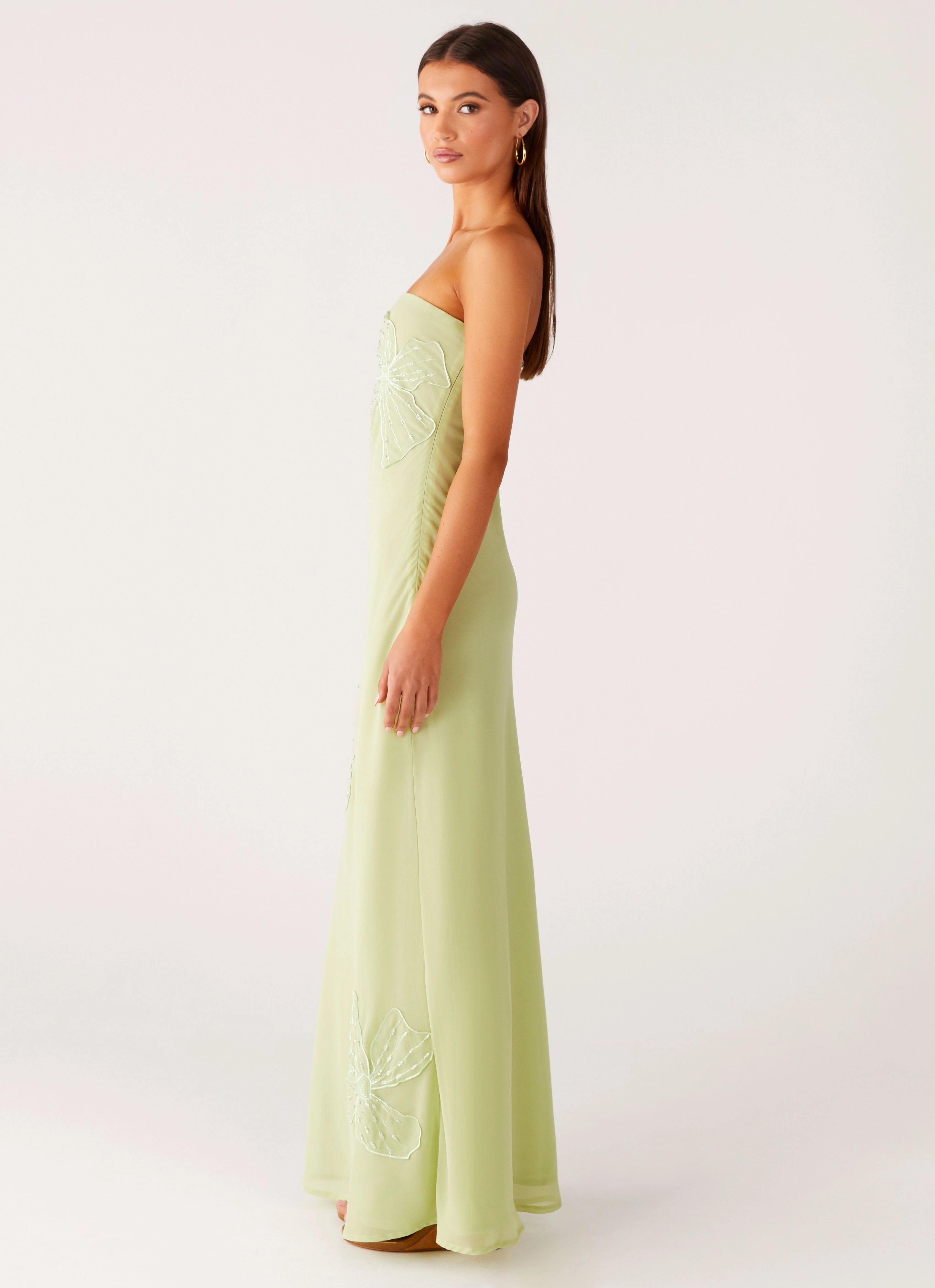 Sassafras Beaded Flower Strapless Maxi Dress - Lime All Fit