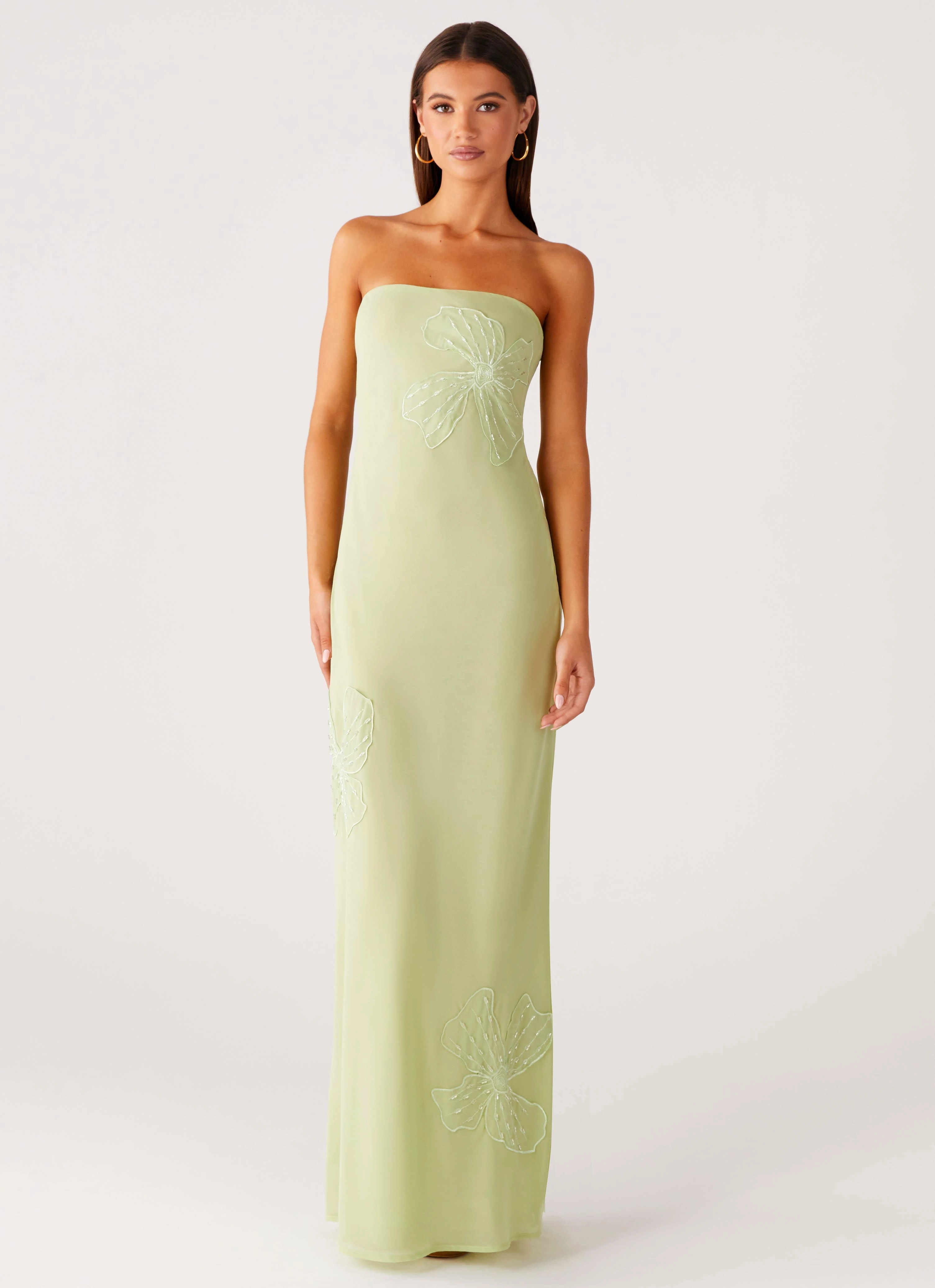 Minimal Touch Sassafras Beaded Flower Strapless Maxi Dress - Lime