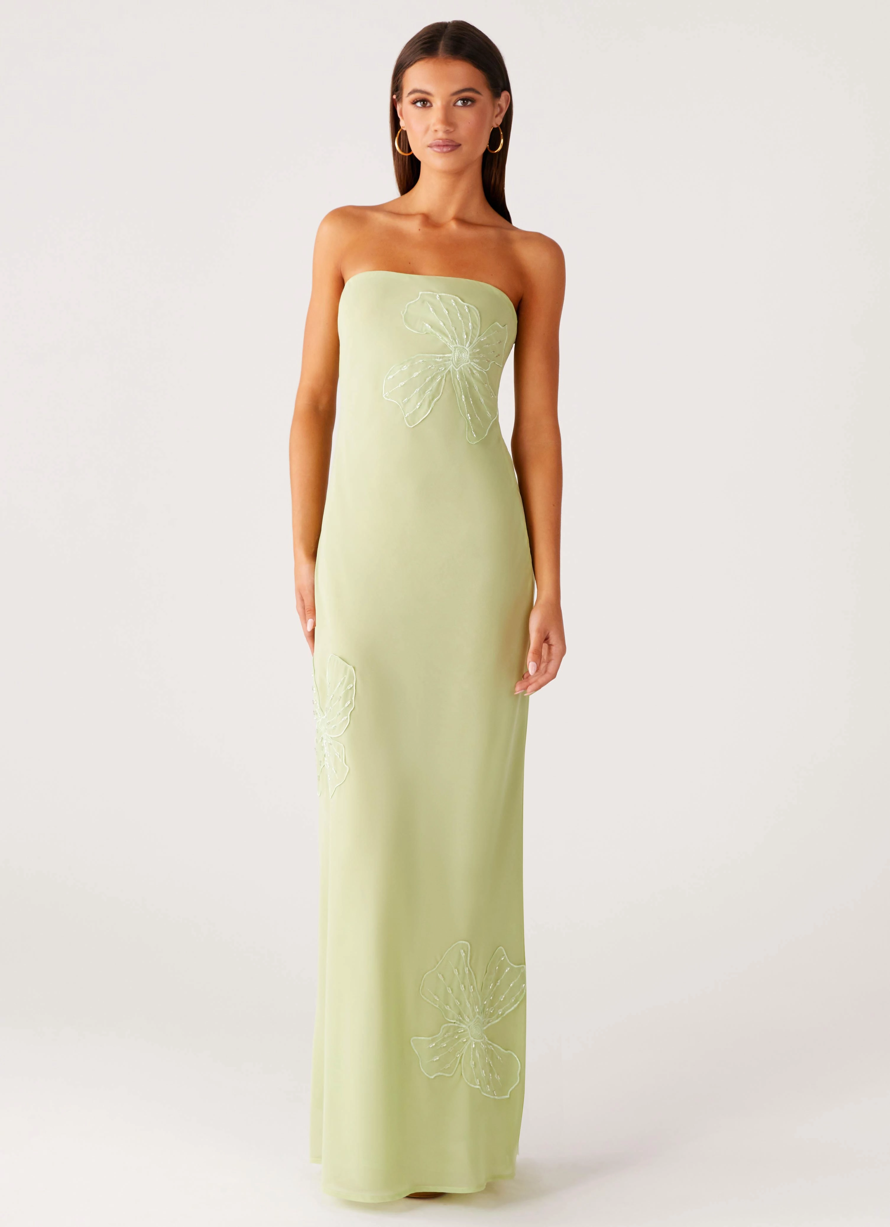 Sassafras Beaded Flower Strapless Maxi Dress - Lime Gentle Stitch