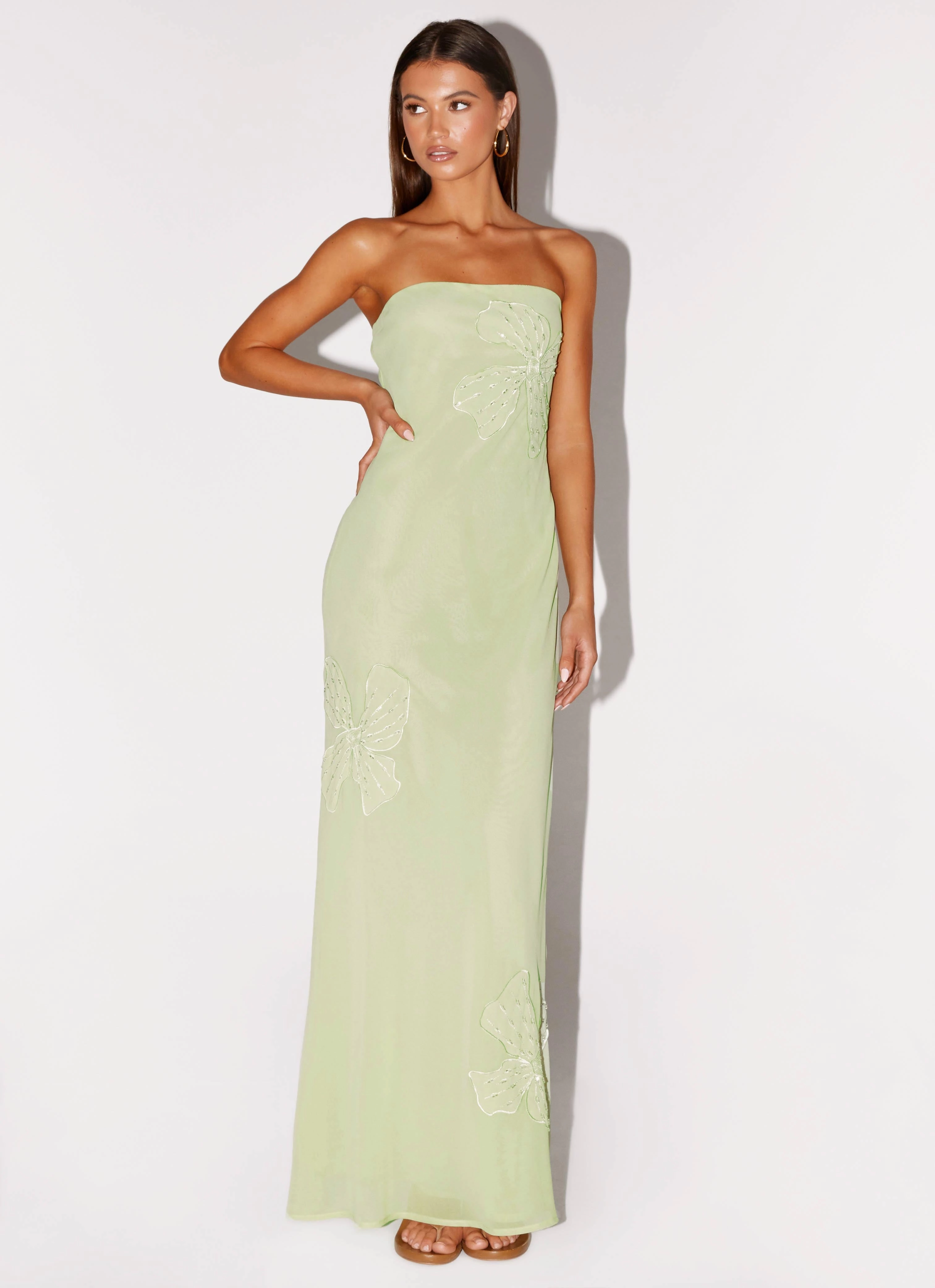Semi Sheer Quiet Mood Sassafras Beaded Flower Strapless Maxi Dress - Lime
