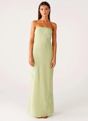 Calm Finish Sassafras Beaded Flower Strapless Maxi Dress - Lime