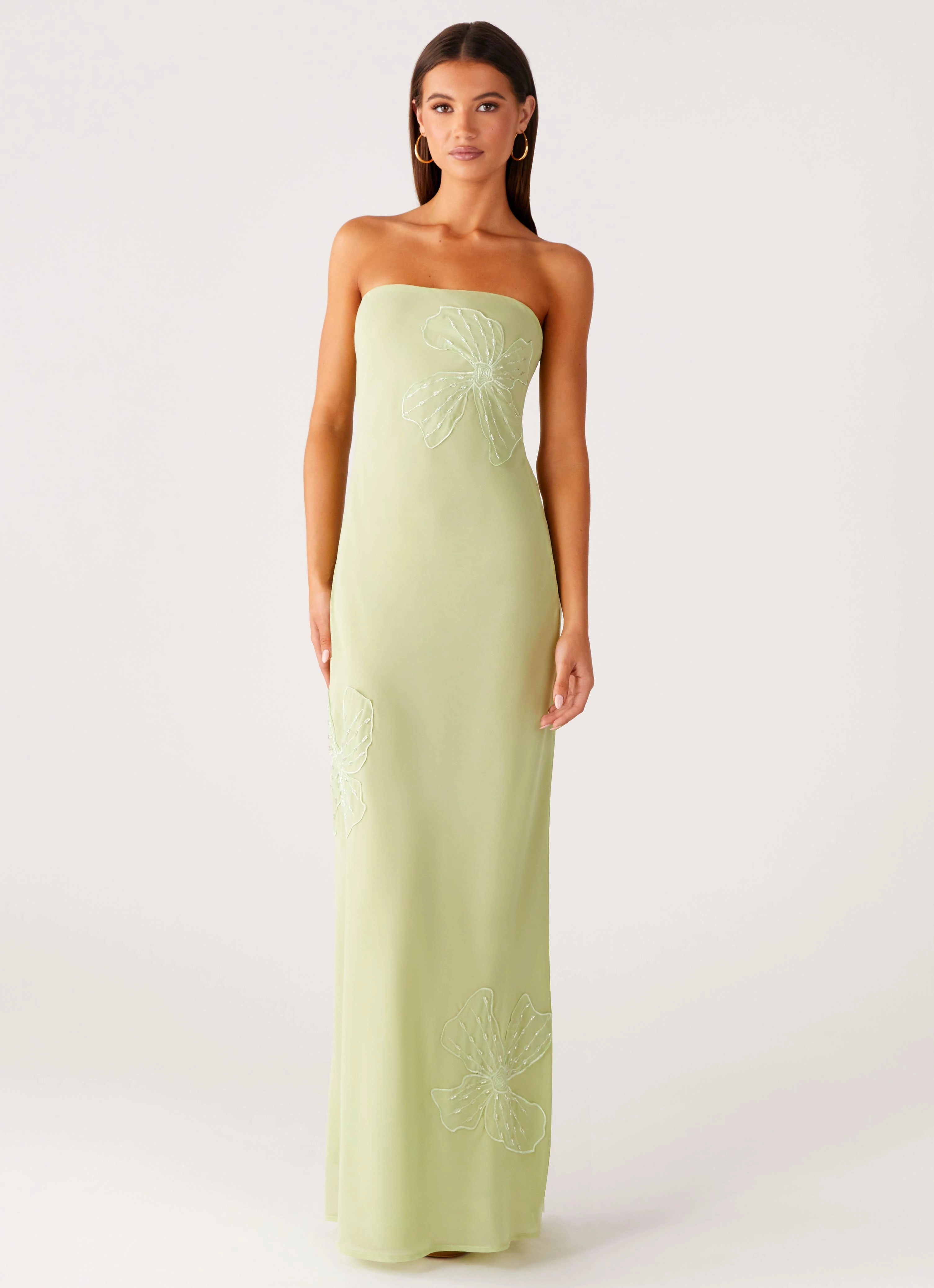 Versatile-Style Sassafras Beaded Flower Strapless Maxi Dress - Lime