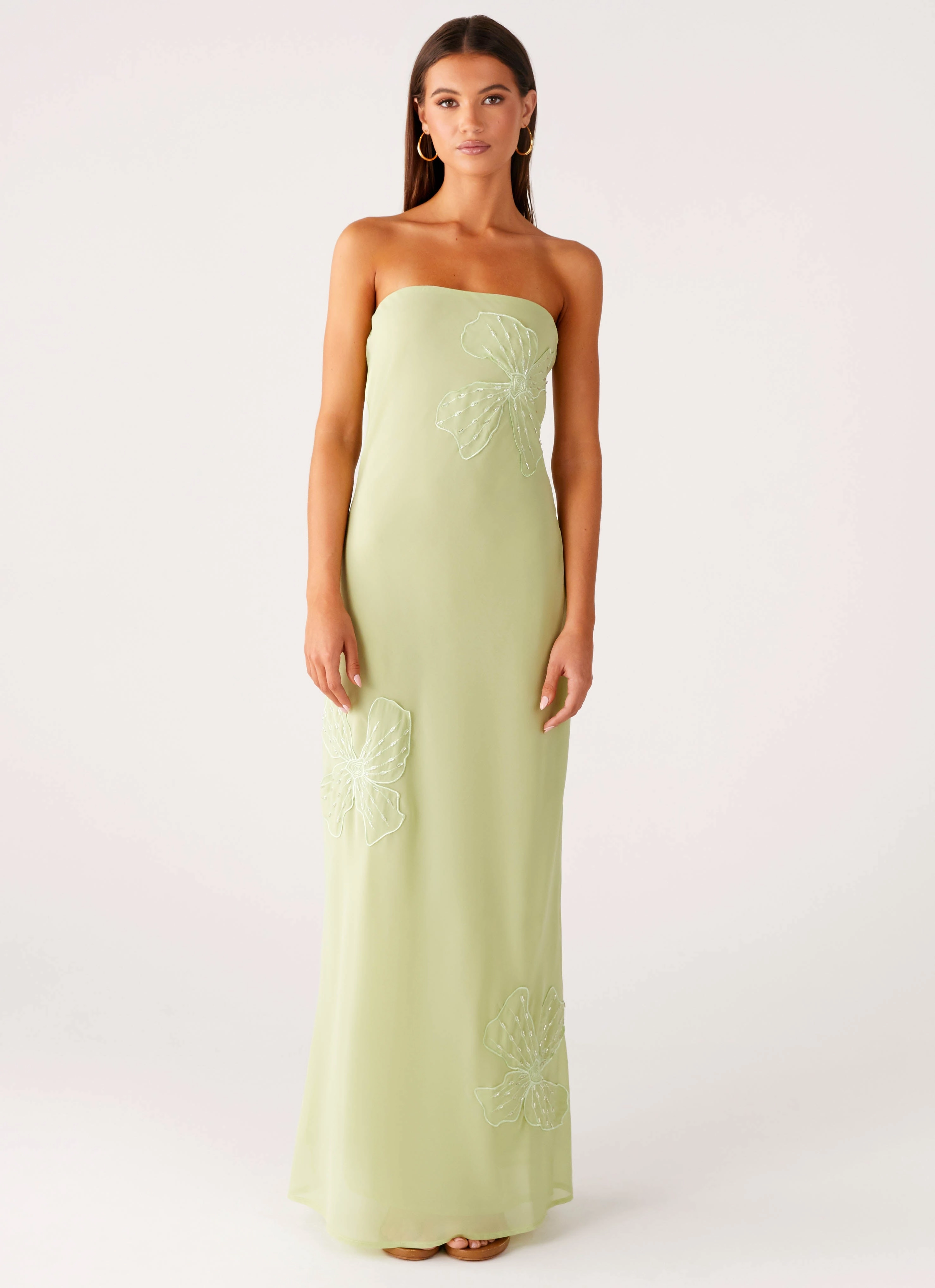 Classic sheath dress Chic Motion Sassafras Beaded Flower Strapless Maxi Dress - Lime