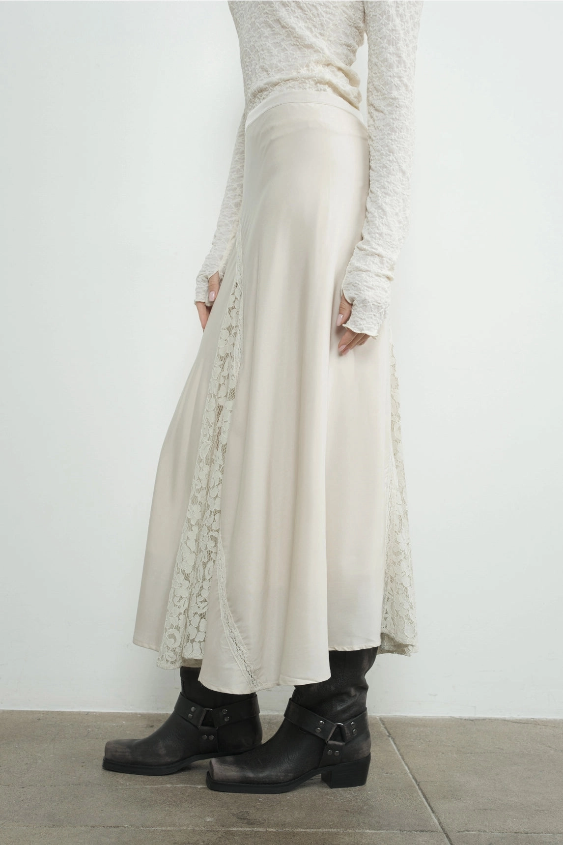 Satin Lace Midi Skirt - Dove Seamless Waist Technology Easy Care