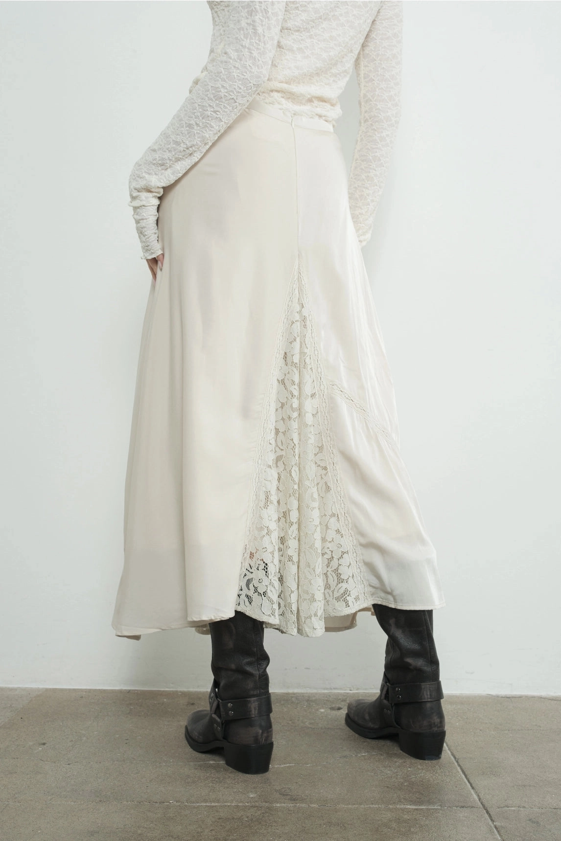 GarmentWashed Softness Sleeveless Tee Satin Lace Midi Skirt - Dove