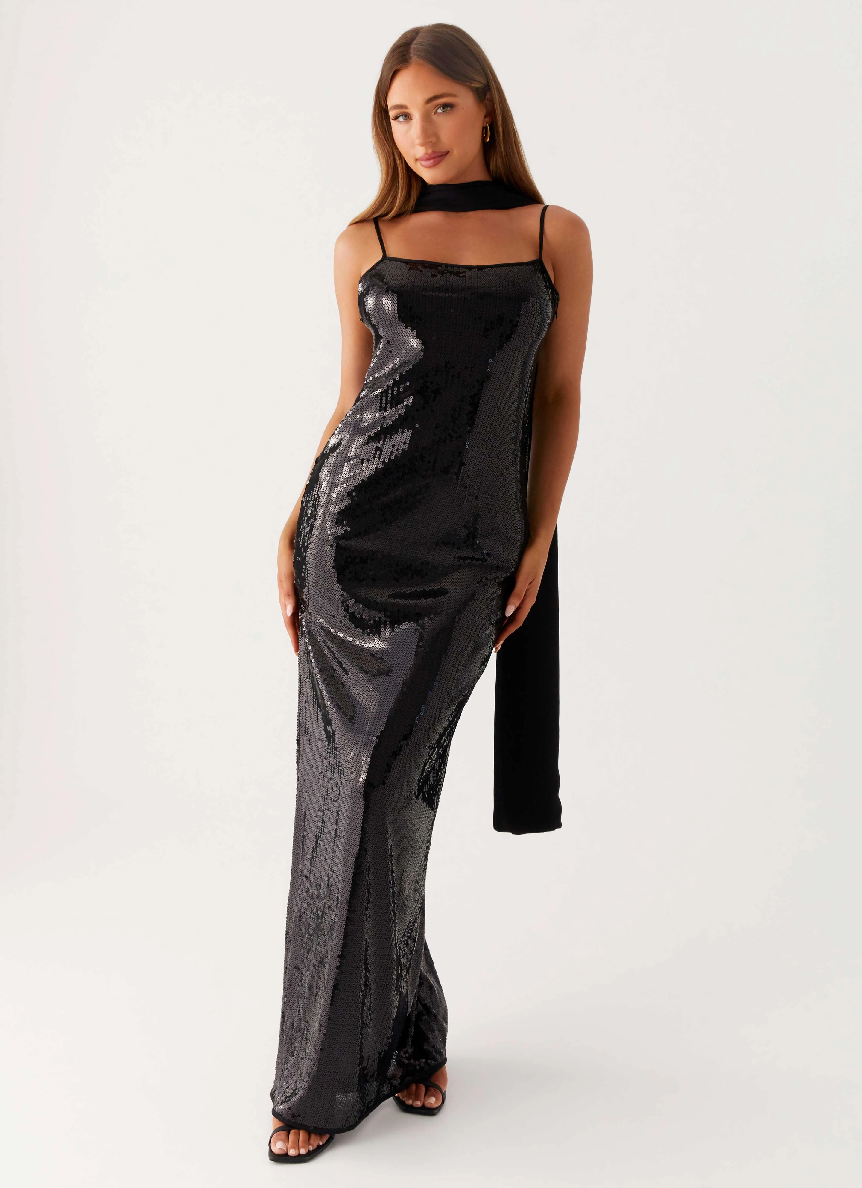 Scarf Neck Sequins Maxi Dress - Black Classic and Modern