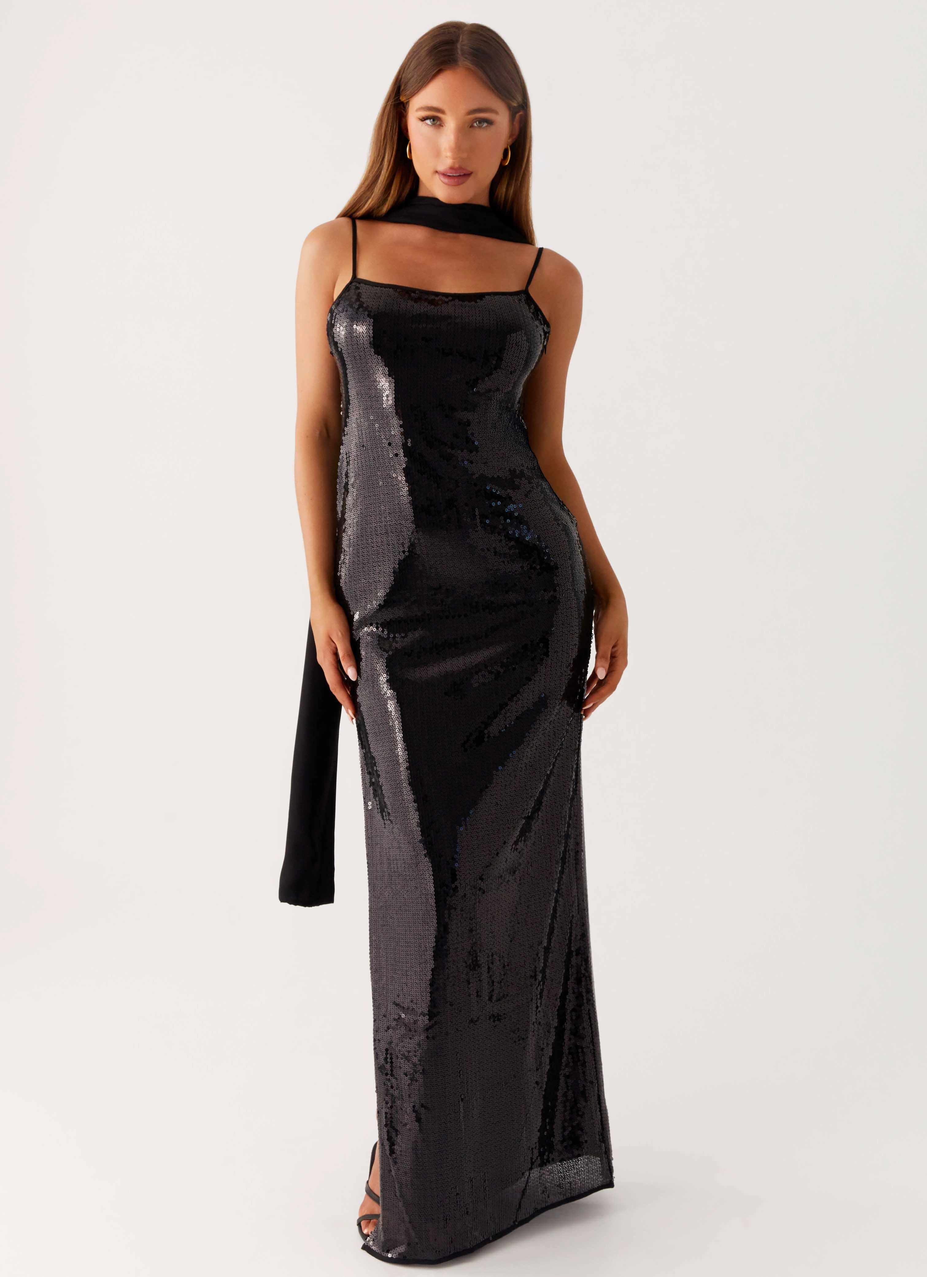 Scarf Neck Sequins Maxi Dress - Black Breathable Fit