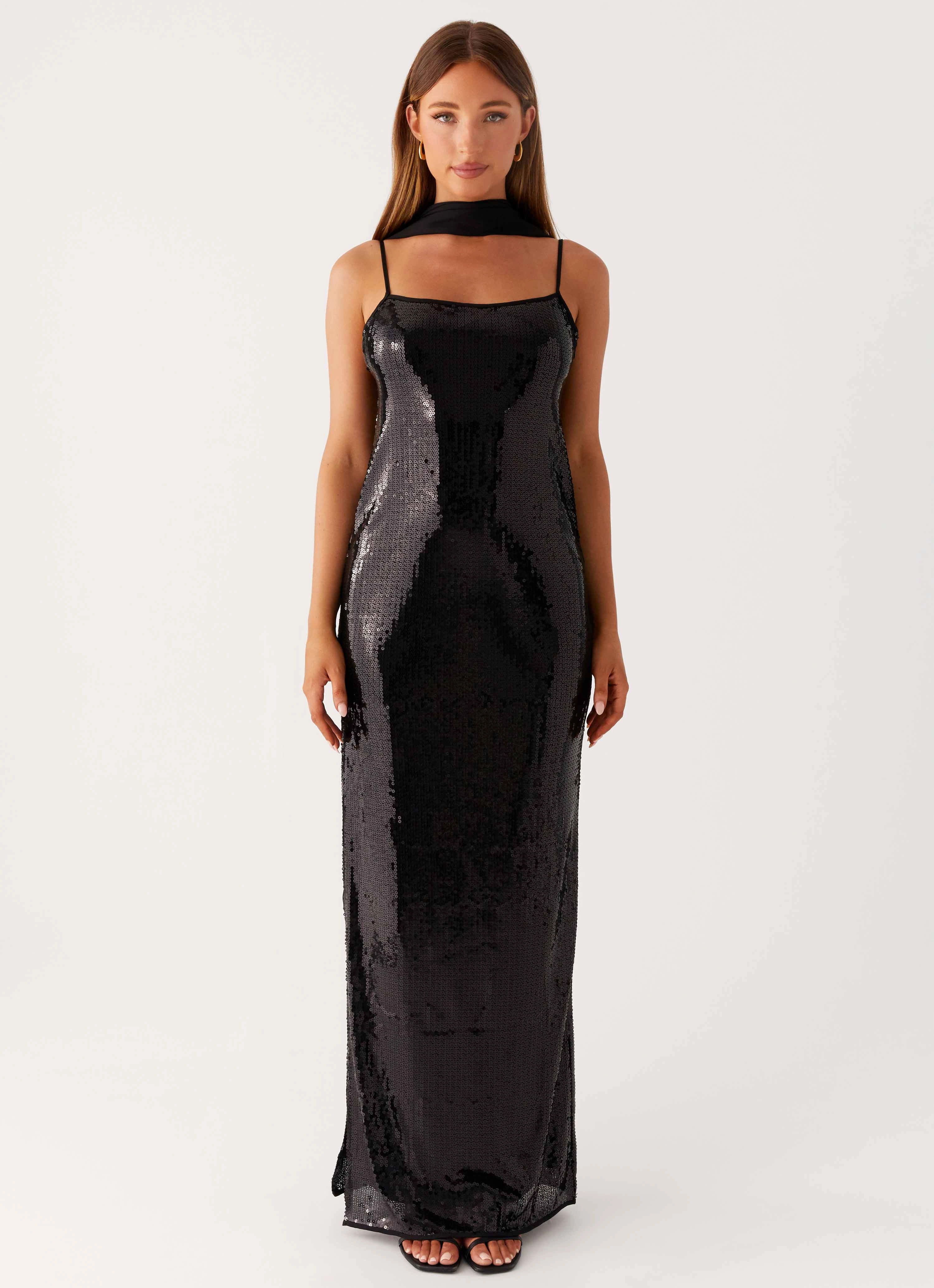 Subtle Glam WideCollarDesign Scarf Neck Sequins Maxi Dress - Black