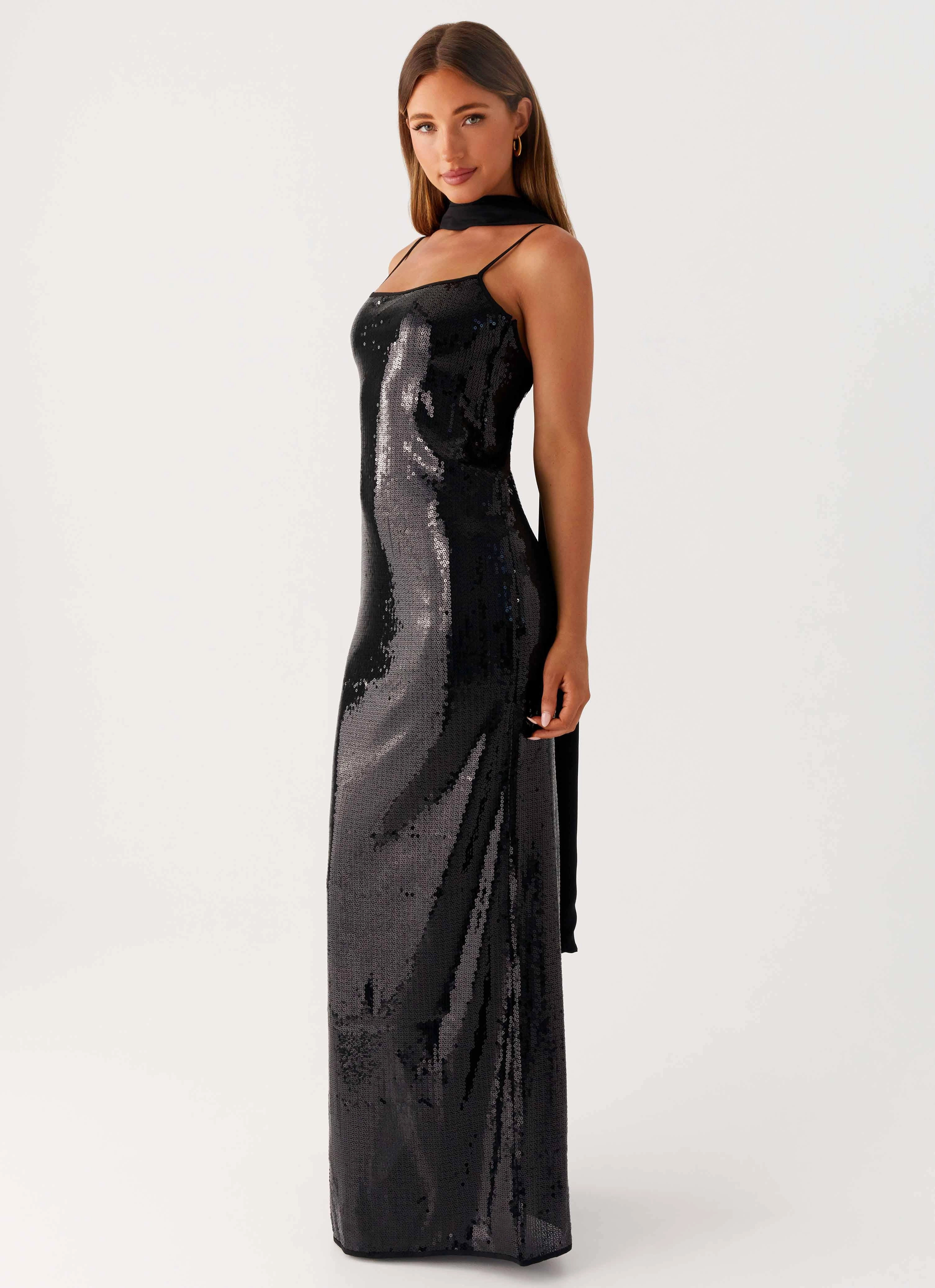 Beaded-Edge Scarf Neck Sequins Maxi Dress - Black