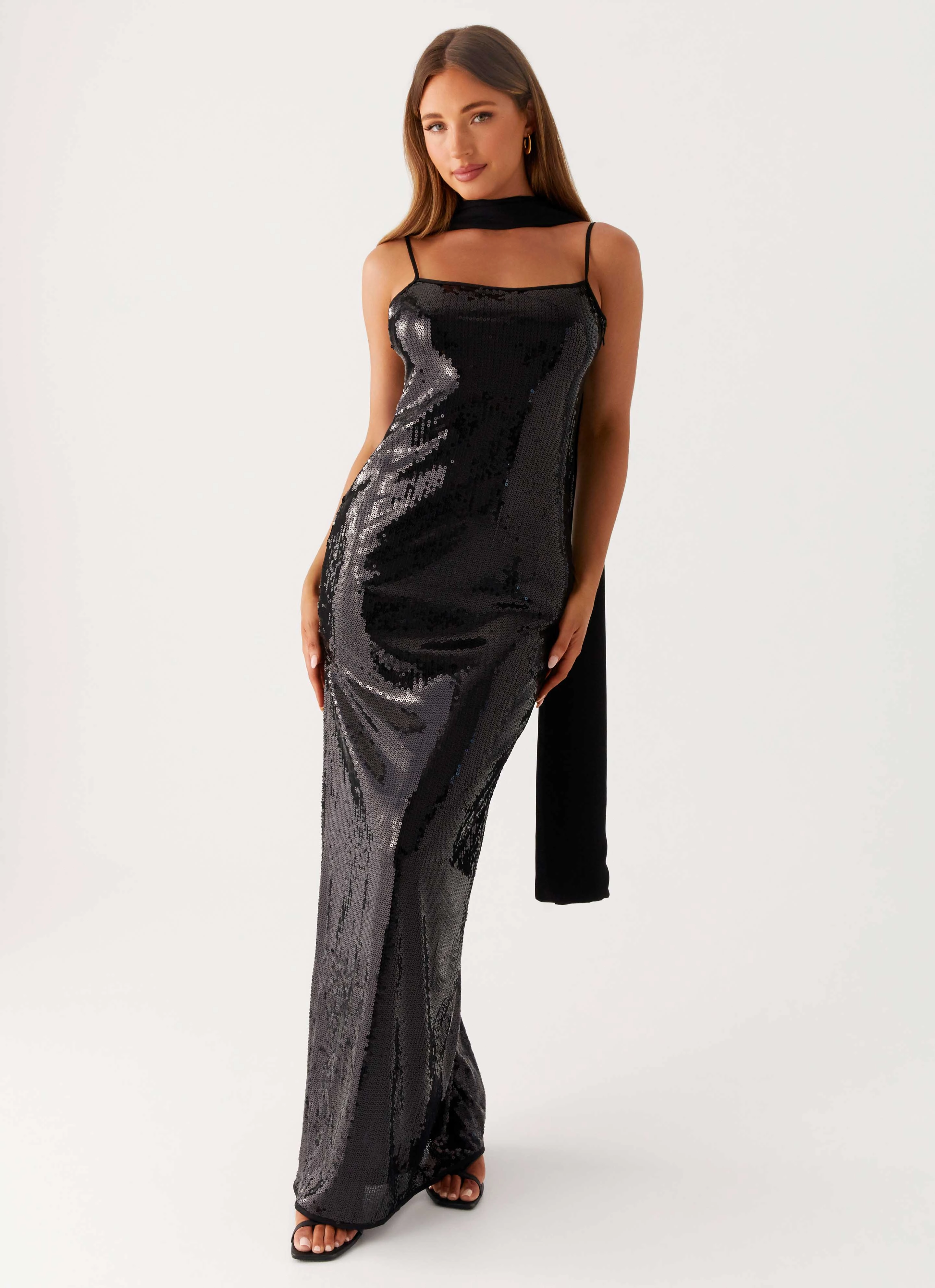 Event Glow Scarf Neck Sequins Maxi Dress - Black
