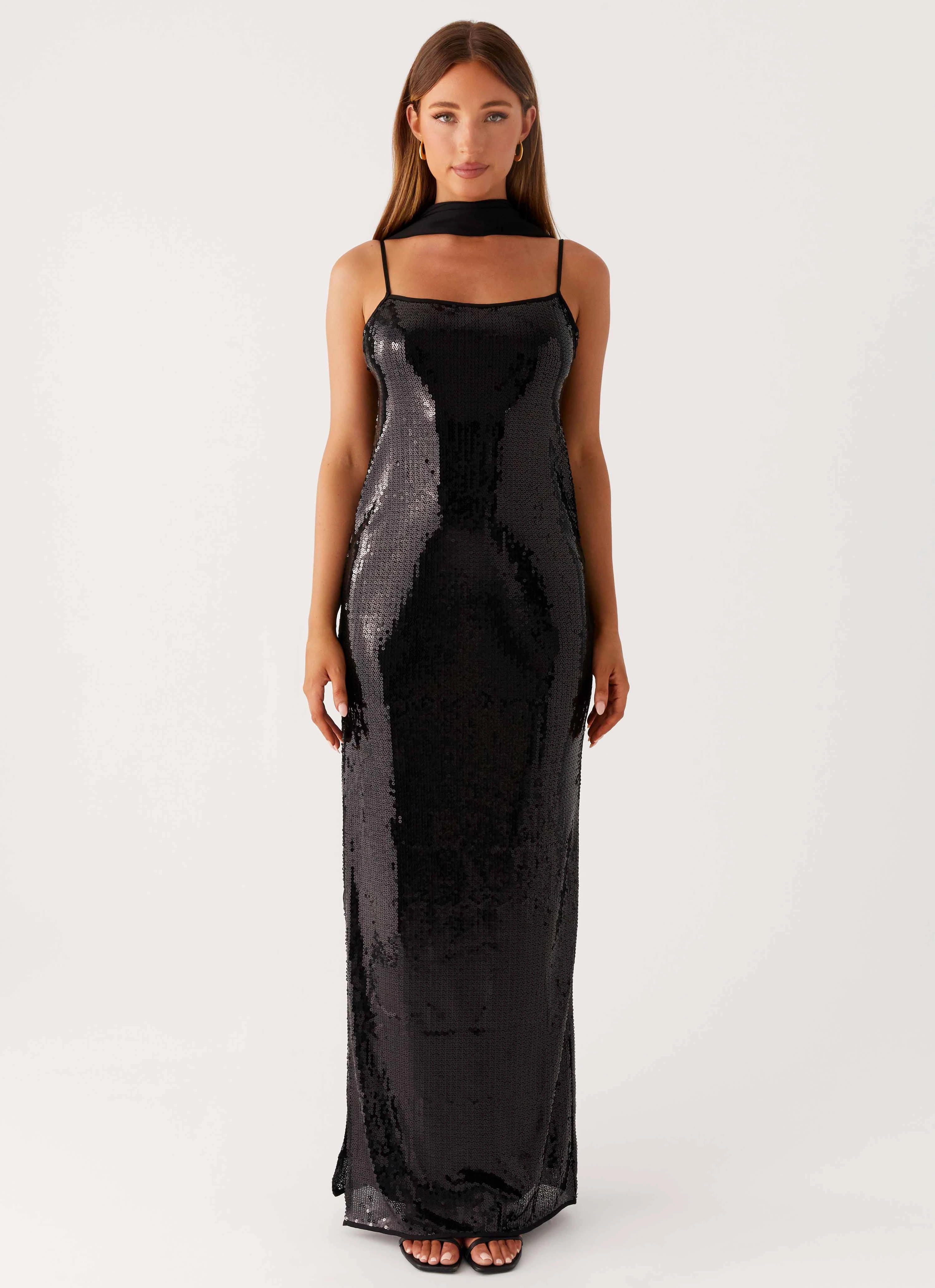 Scarf Neck Sequins Maxi Dress - Black Elegant formal piece Comfy Layers