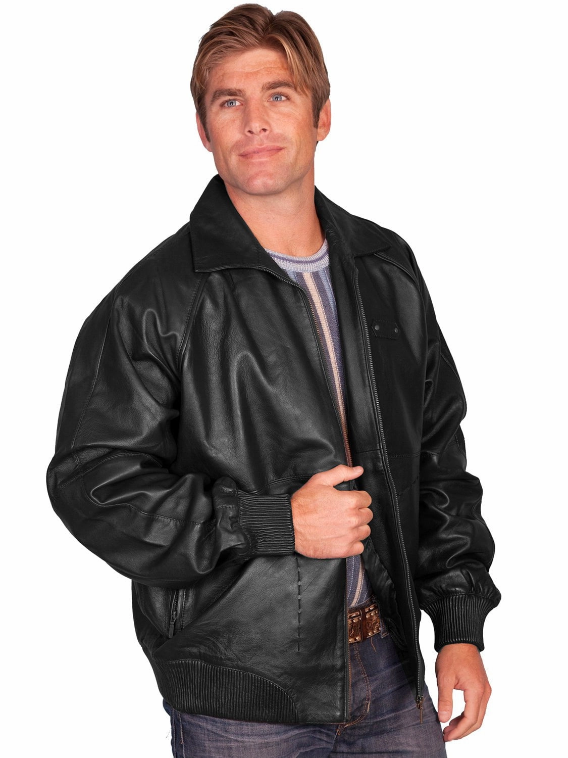 Scully Leather Mens Black Lamb Bomber Zip Front Jacket Heat Tech Fabric