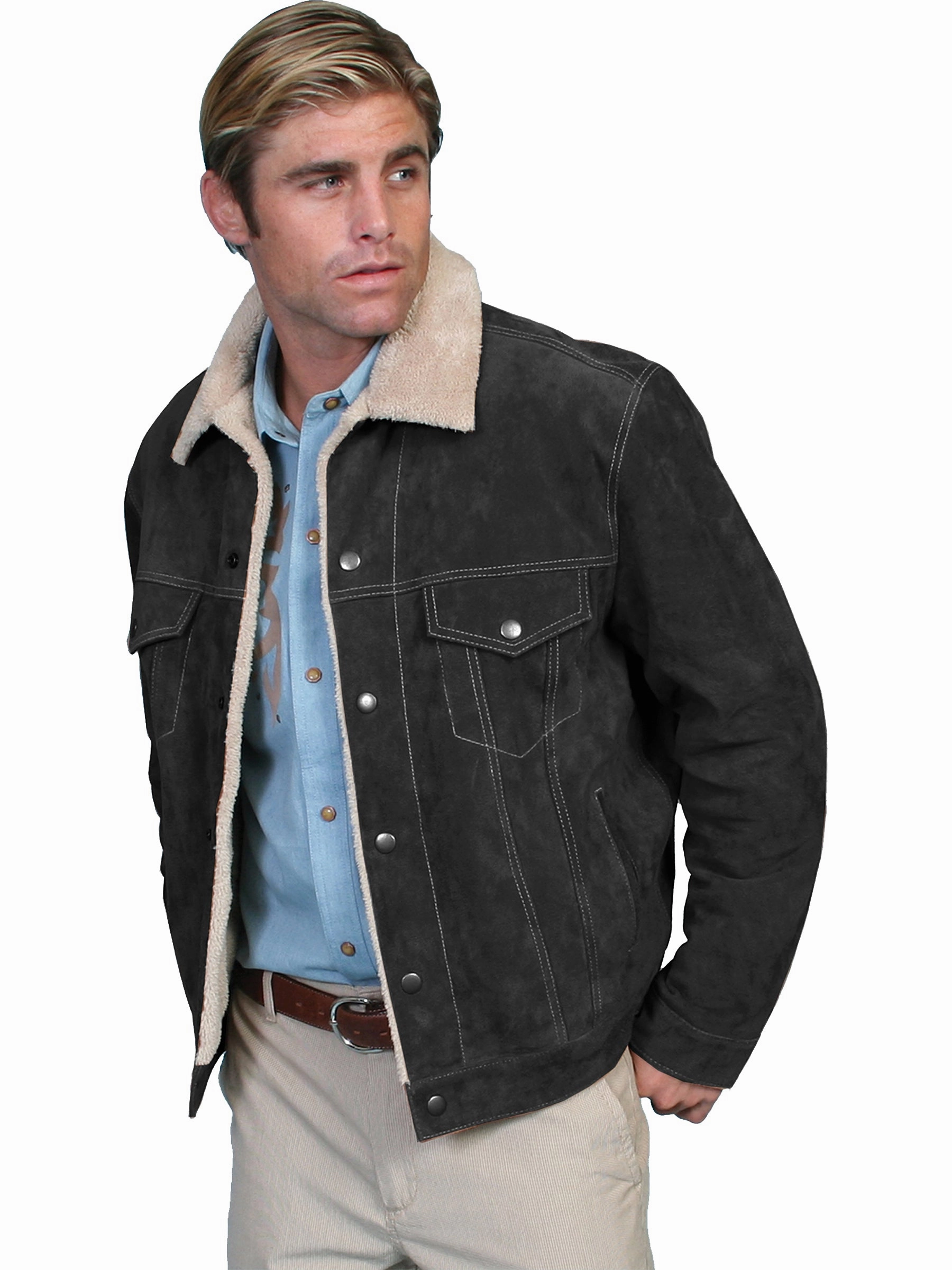 One Color Autumn Ready Scully Leather Mens Boar Suede Sherpa Fleece Jean Jacket Black