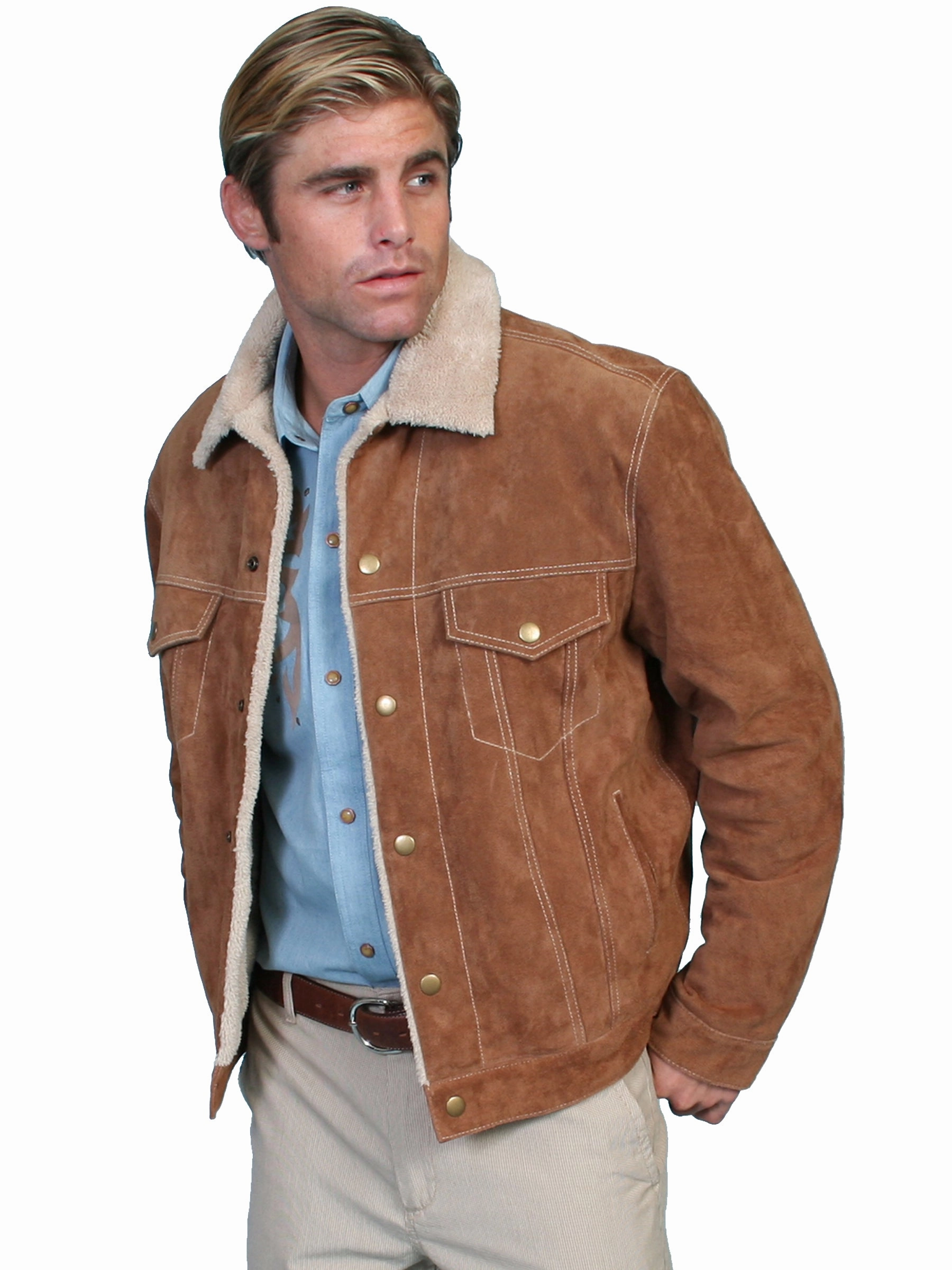 Scully Leather Mens Boar Suede Sherpa Fleece Jean Jacket Cafe Brown UV Protection Finish