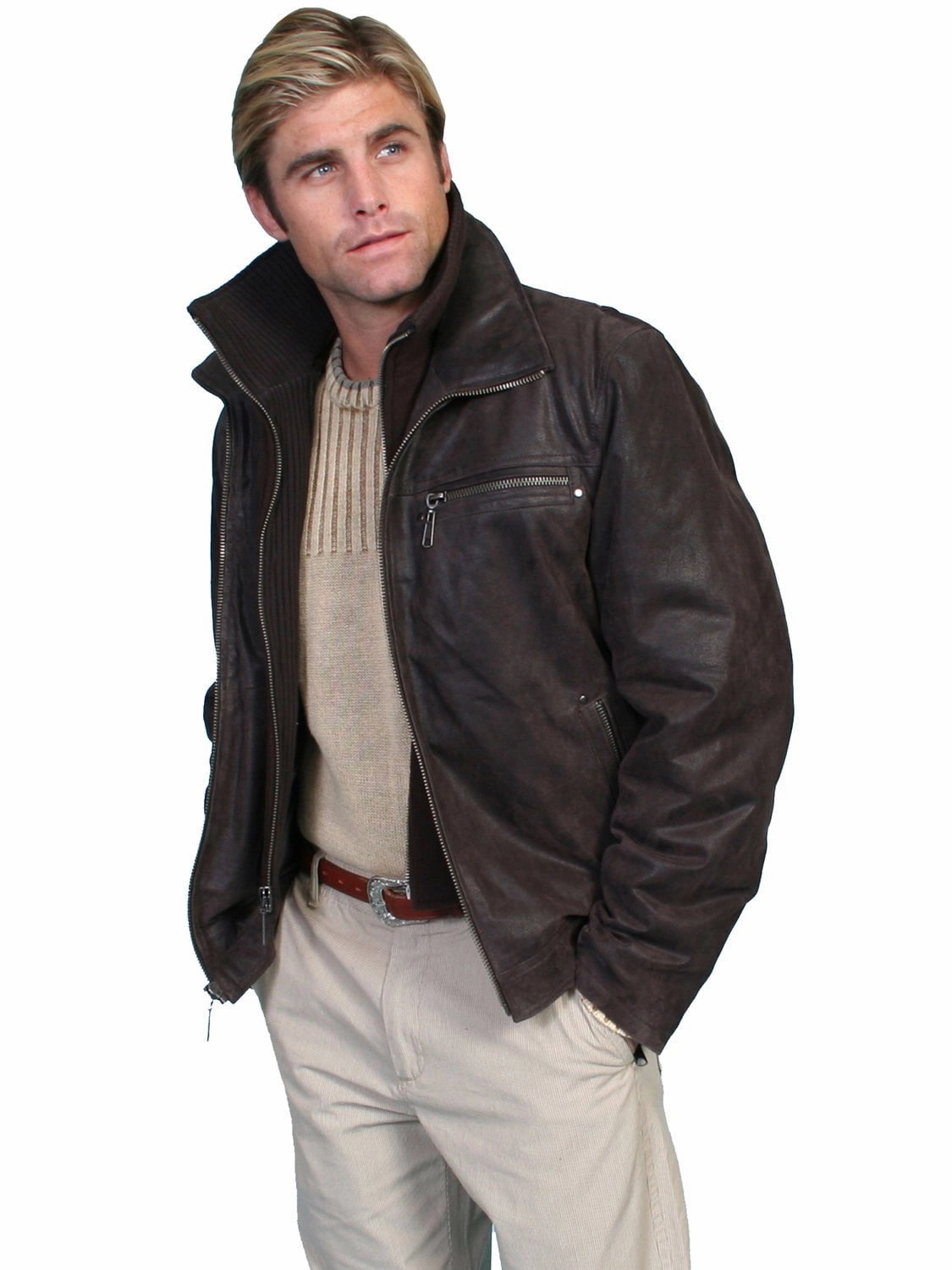 Adjustable Detachable Hood Scully Leather Mens Brown Zip Out Knit Front Jacket XXL