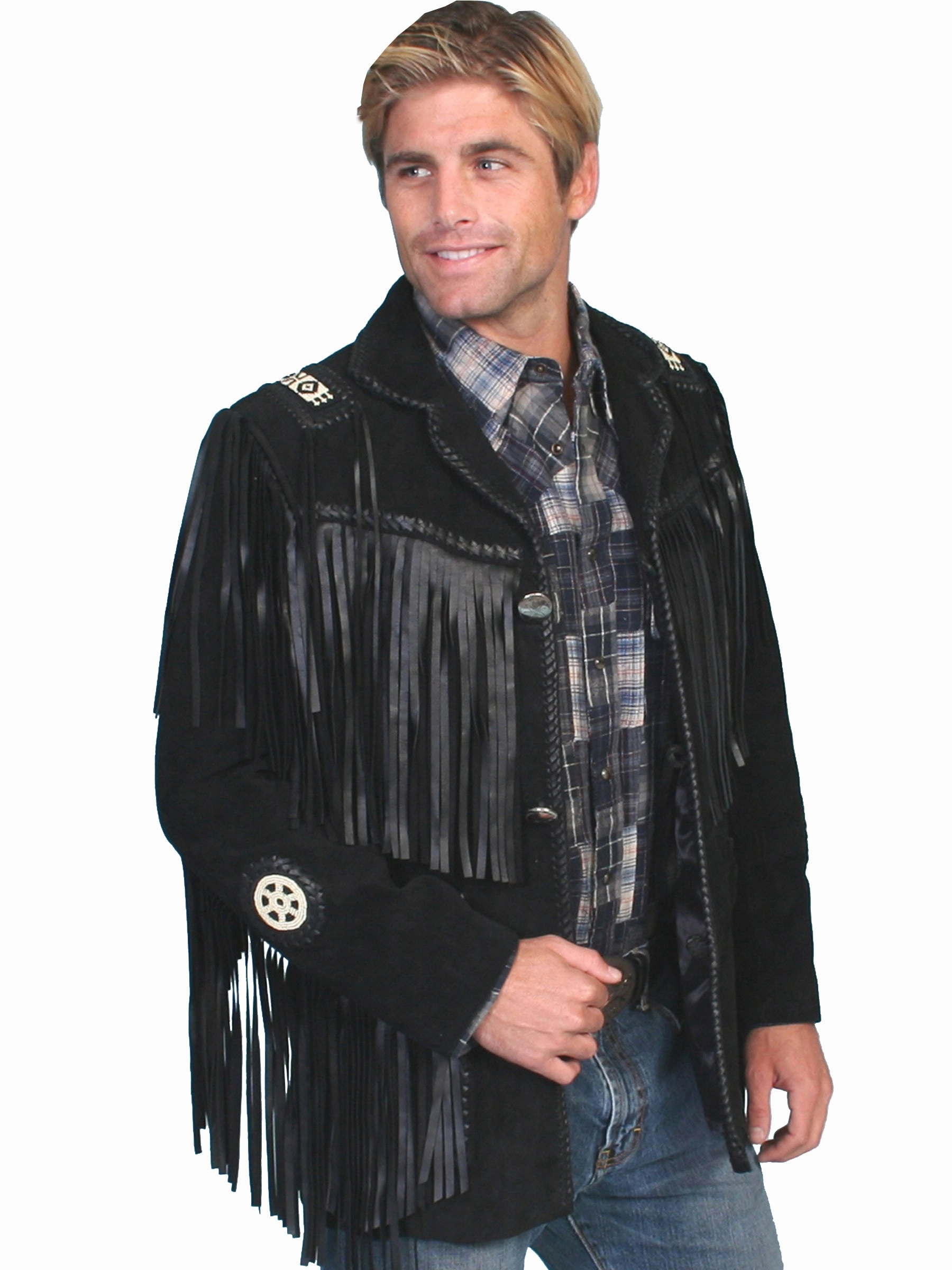 Scully Leather Mens Mountain Man Handlaced Bead Trim Coat Black Flex Fit Fabric