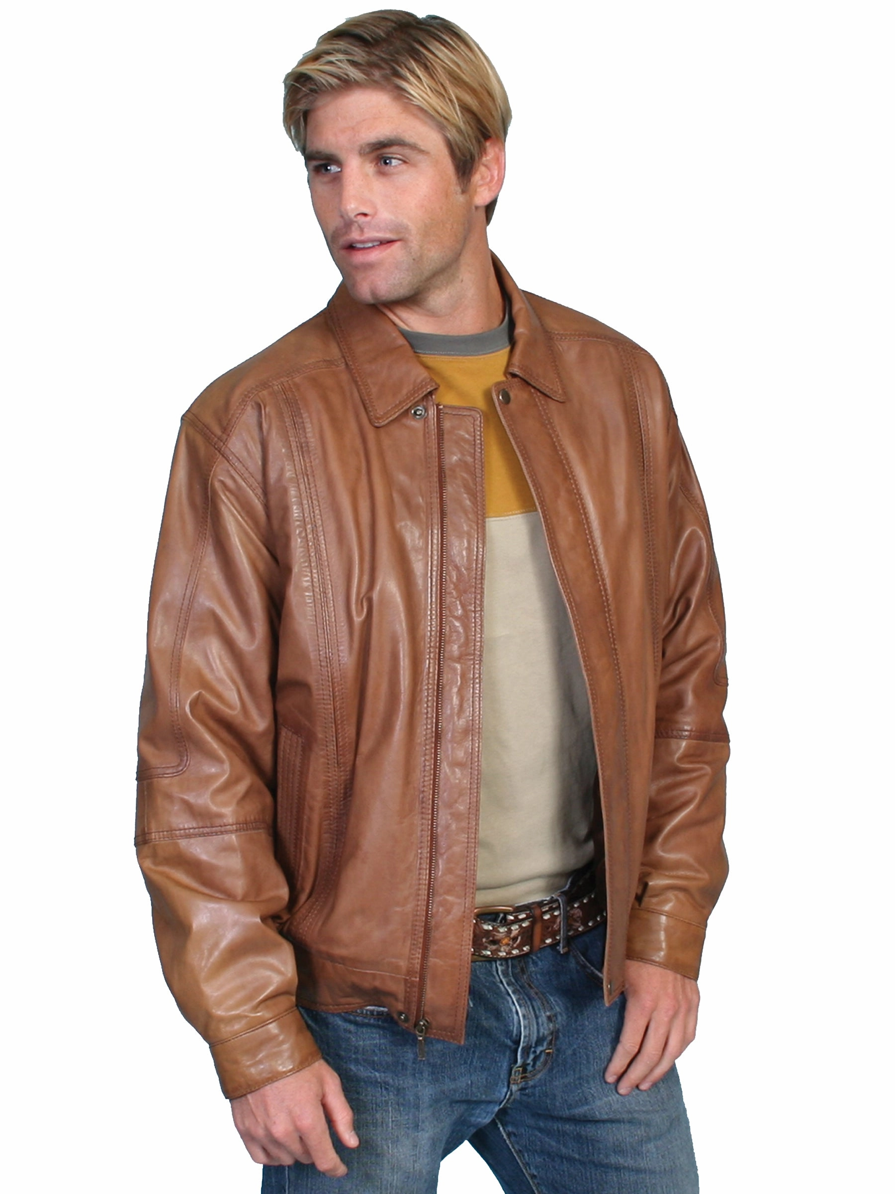 Adjustable Hem Soft Lined Interior Scully Leather Mens Premium Lambskin Zip Front Jacket Cognac Soft