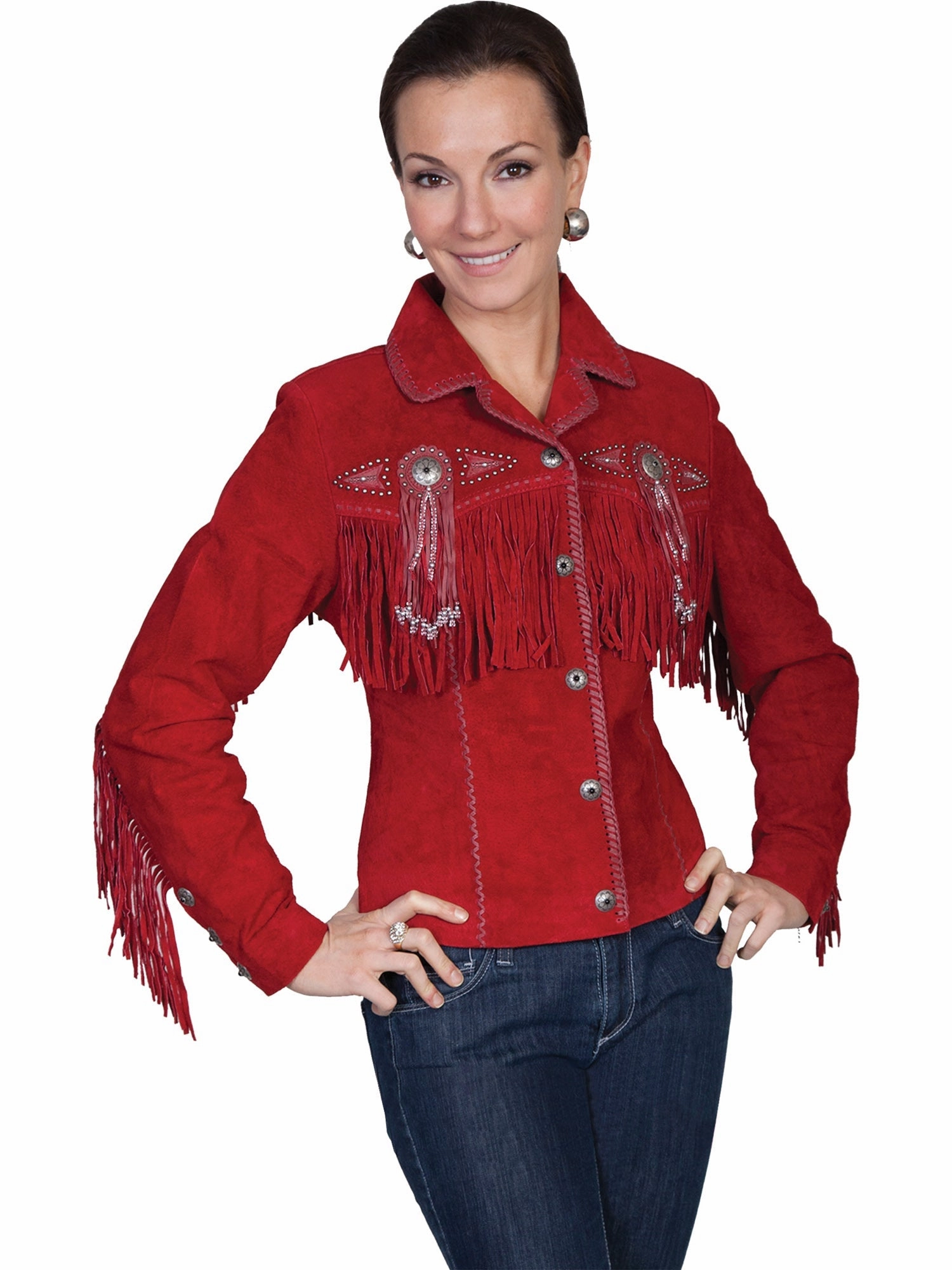 Non Restrictive Fit Scully Leather Womens Beaded Fringe Conchos Boar Suede Jacket Red