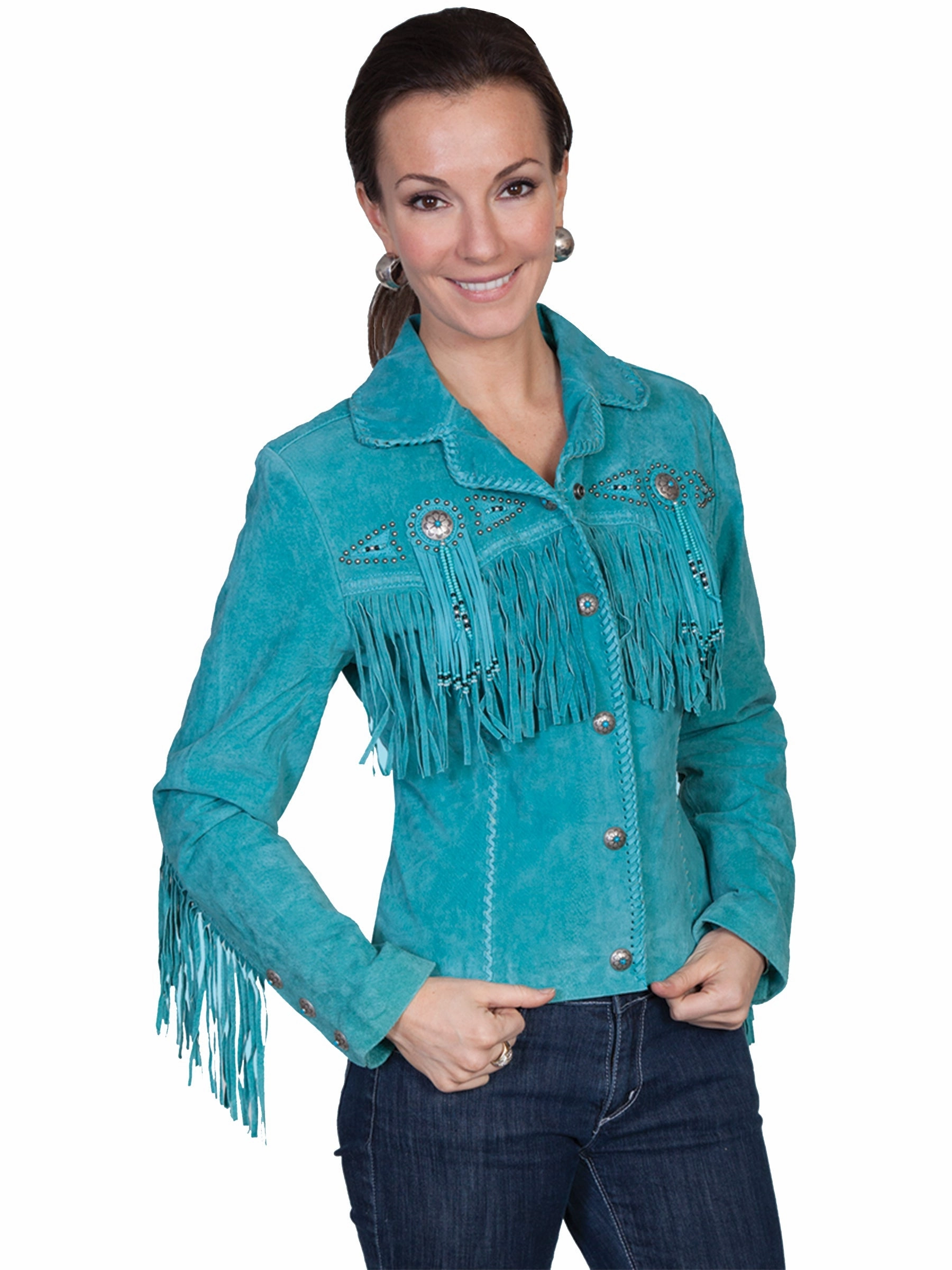 MultiPocketLayout Versatile Layering Scully Leather Womens Beaded Fringe Conchos Boar Suede Jacket Turquoise