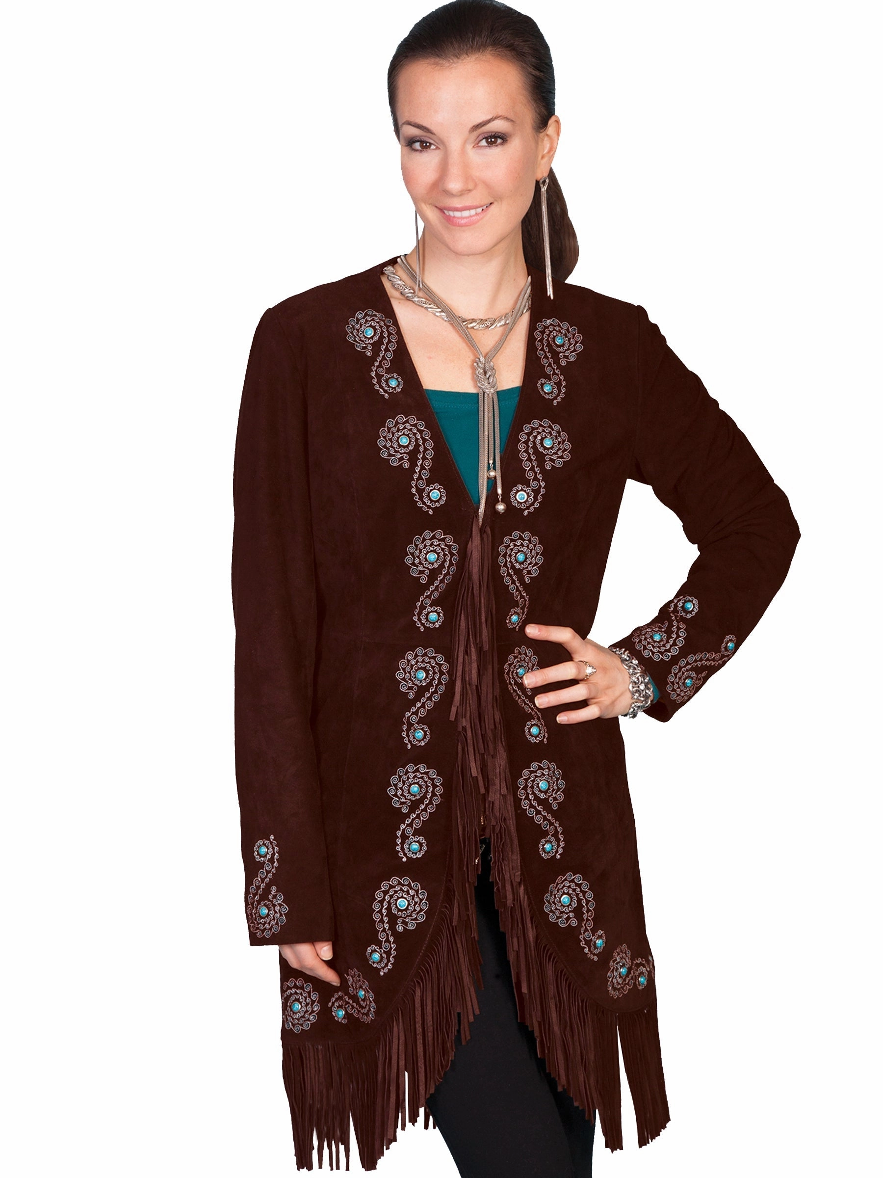 Soft Interior Brushing Scully Leather Womens Fringe Silver Embroidered Boar Suede Jacket Expresso